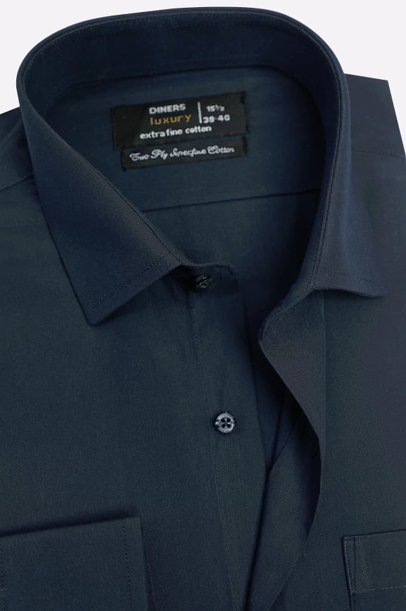Navy Blue Self Textured Formal Shirt - Image 2