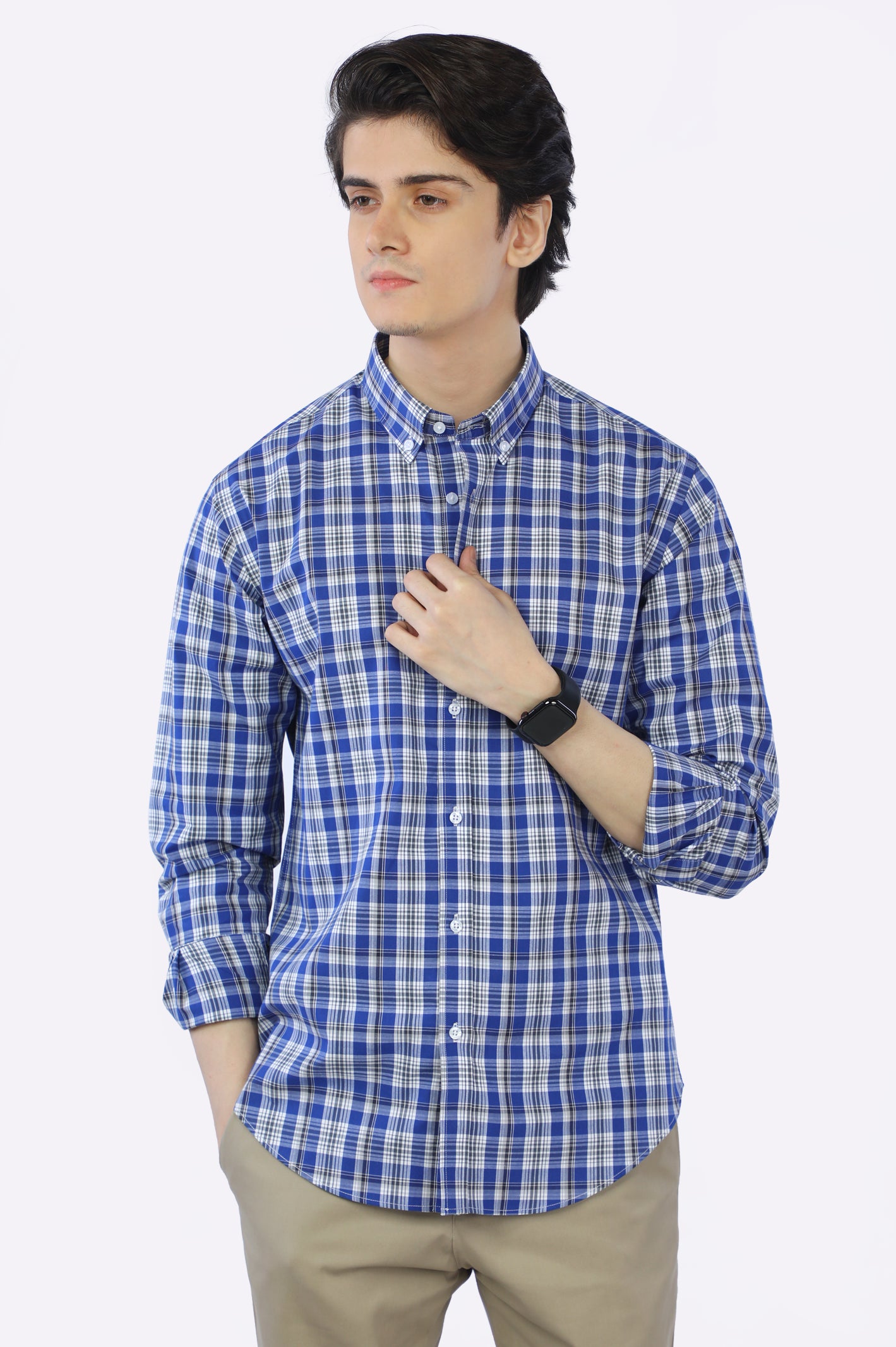 Royal Blue Tattersall Check Casual Shirt - Image 2
