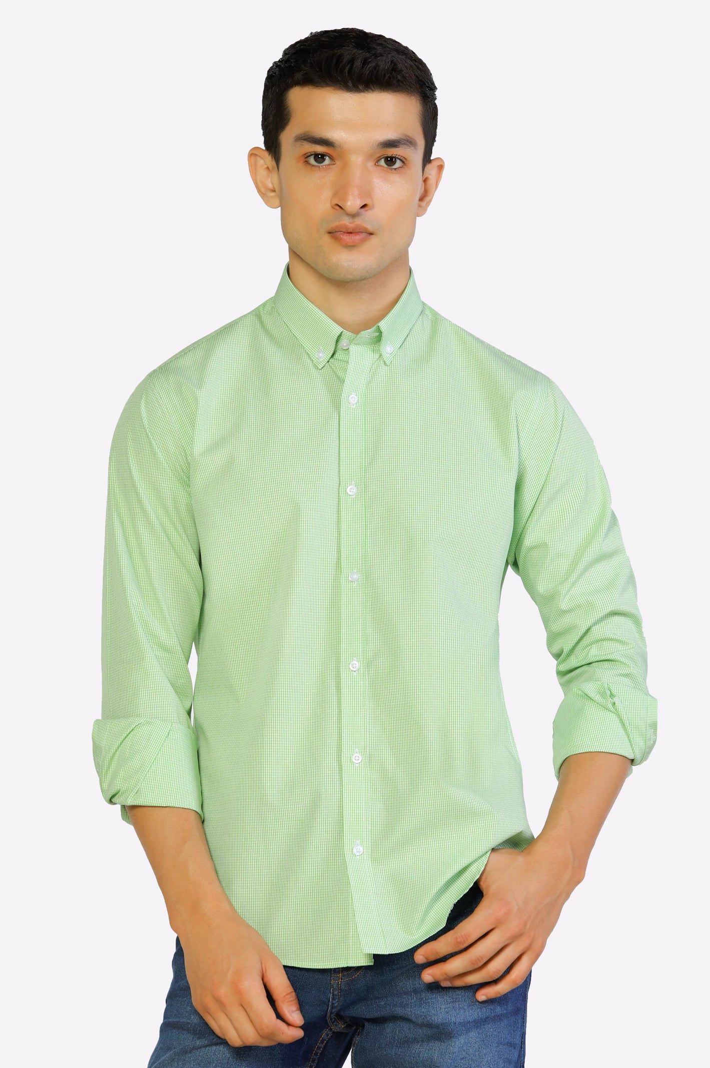 Light Green Mini-Check Casual Shirt