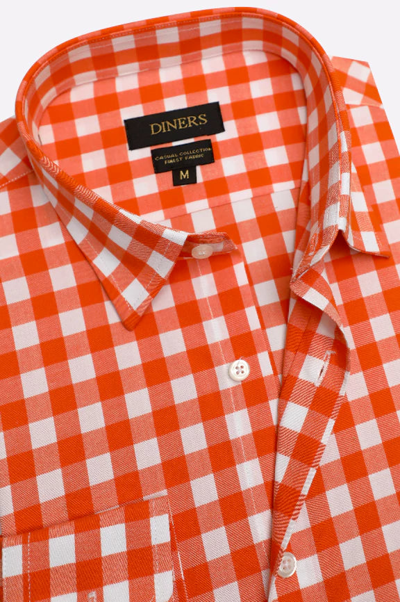 Orange Gingham Check Casual Shirt - Image 2