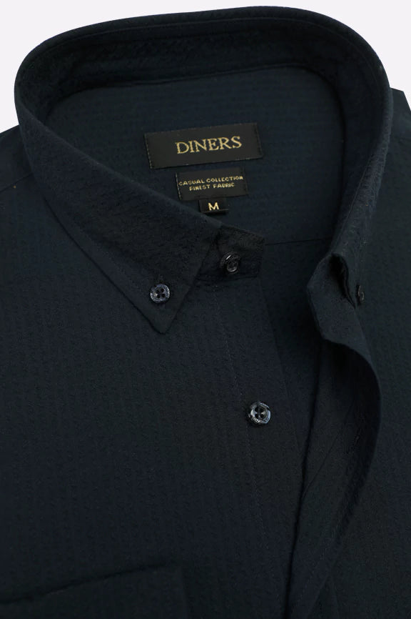Navy Blue Self Textured Casual Shirt - Image 2