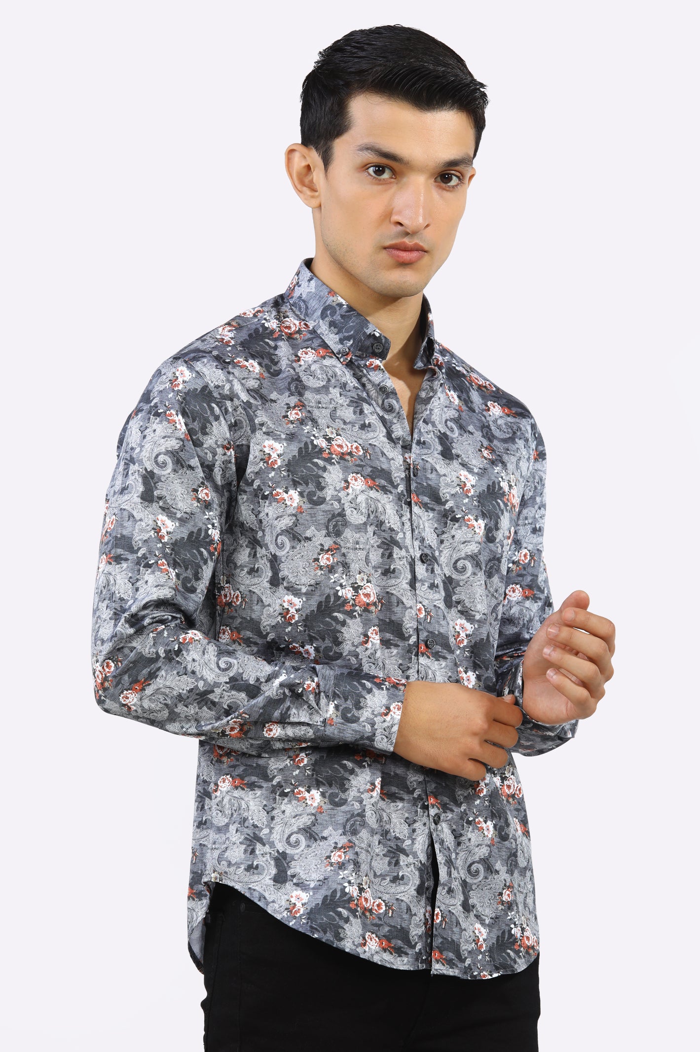 Dark Grey Paisley Printed Casual Milano Shirt - Image 3