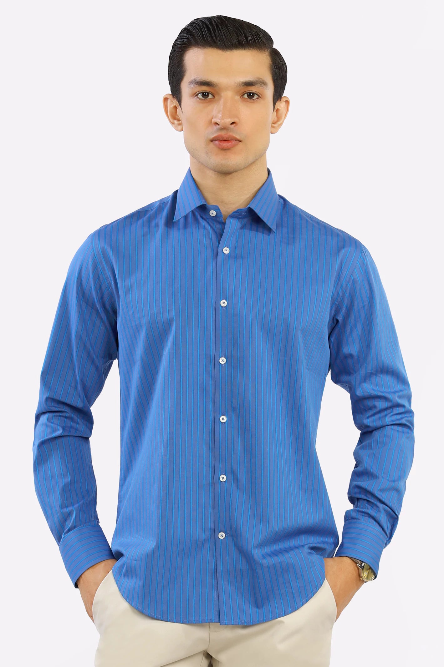 Royal Blue Pinstripe Casual Milano Shirt - Image 3