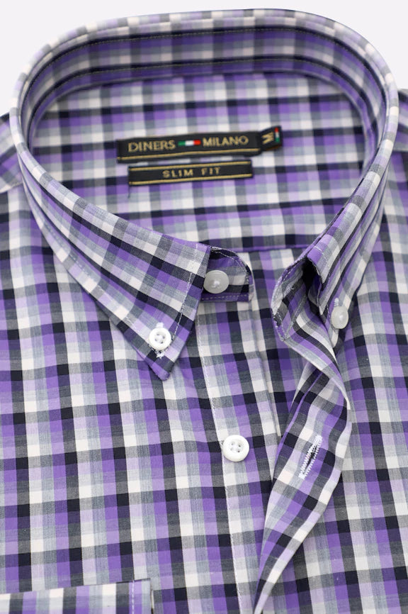 Purple Plaid Check Casual Shirt - Image 2