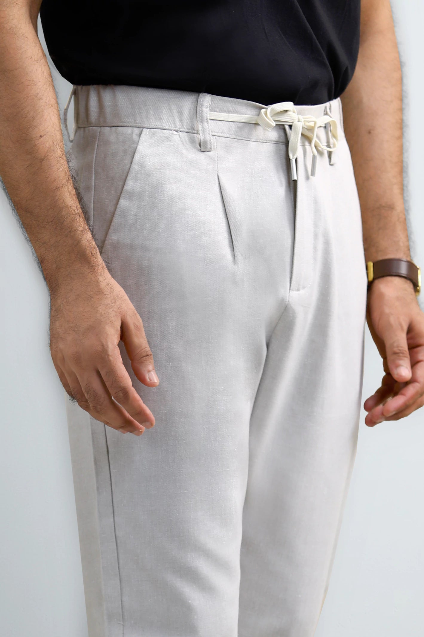 Off White Slim Fit Cotton Linen Pants - Image 2