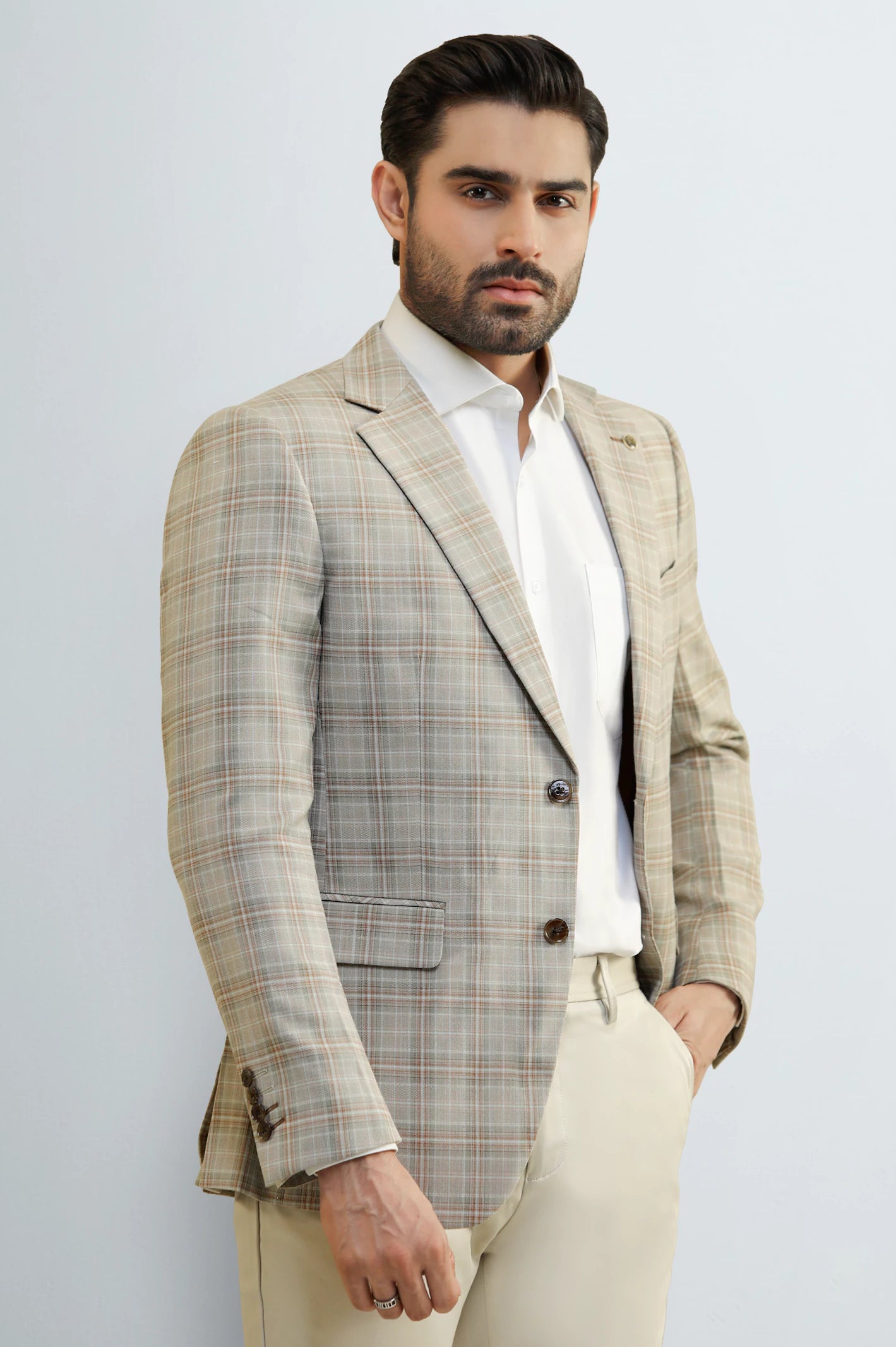 Men's Beige Check Blazer - Image 3