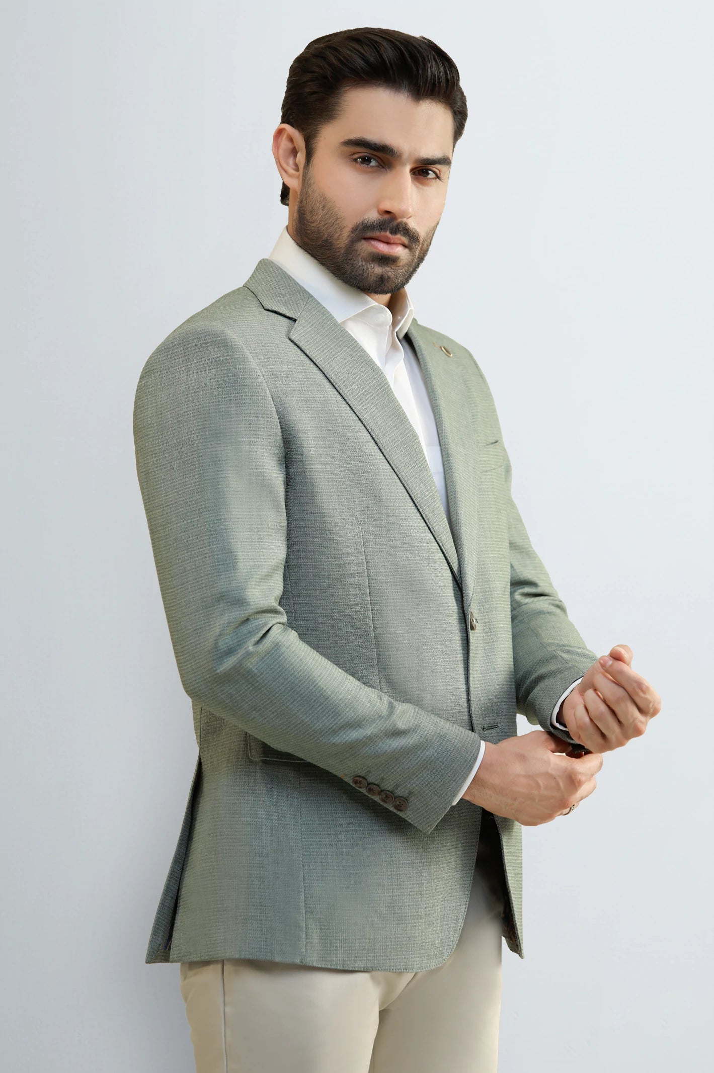 Men's Light Green Textured Blazer - Image 3