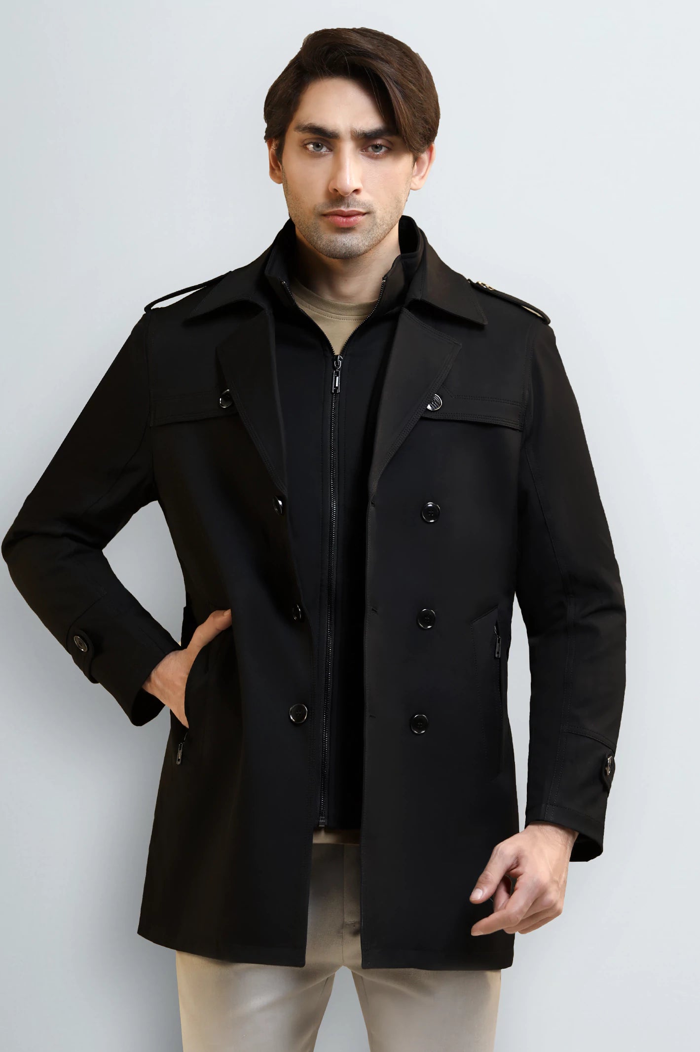 Double-Breasted Overcoat with Detachable Jacket