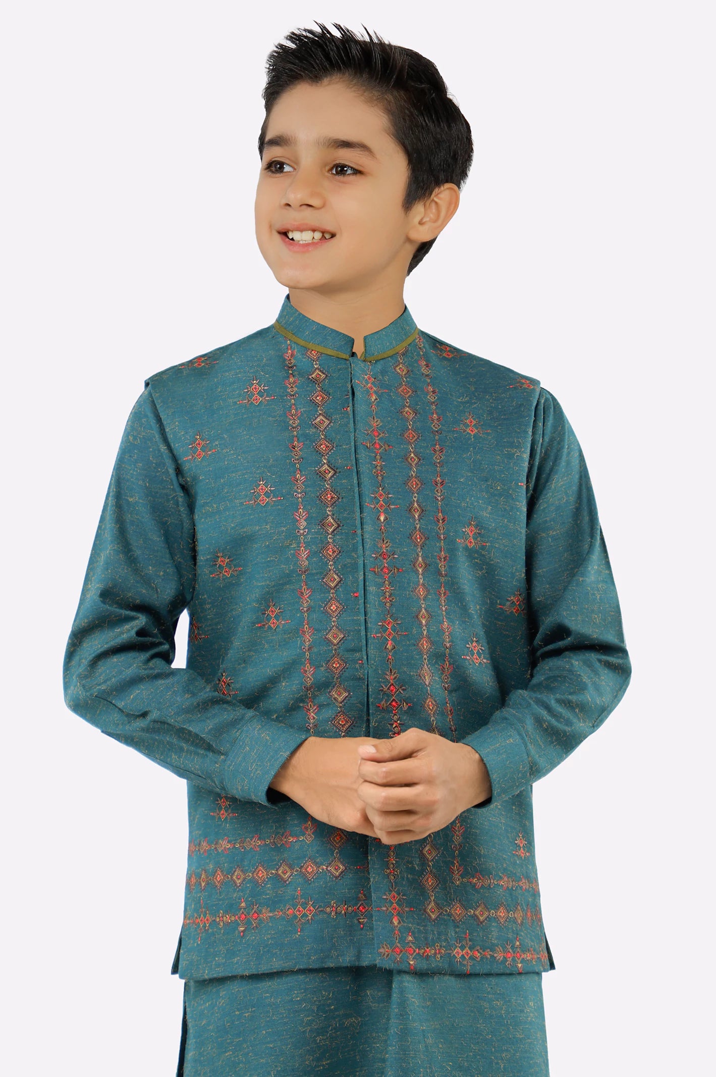 Green Boys Kurta Pajama With Waistcoat - Image 2