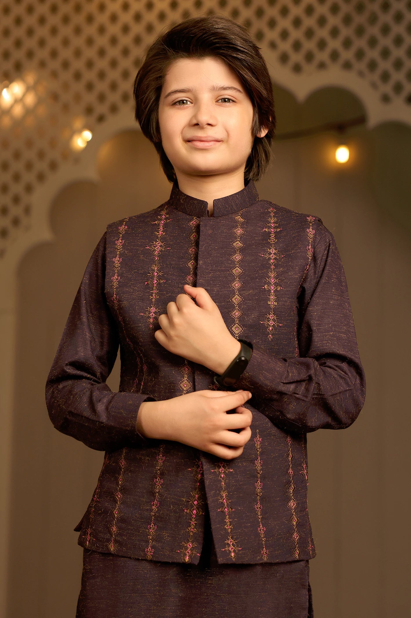Purple Boys Kameez Shalwar With Waistcoat - Image 3