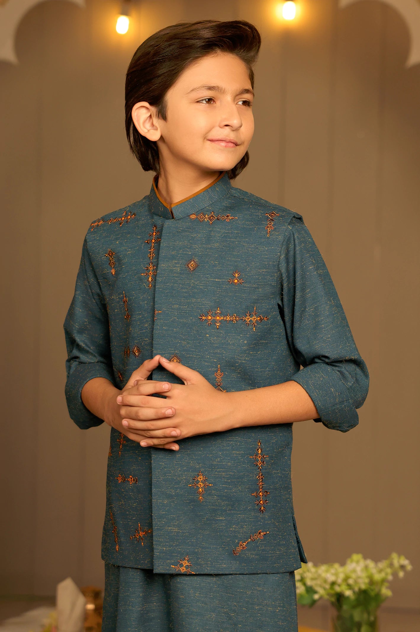 Blue Boys Kurta Pajama With Waistcoat - Image 2