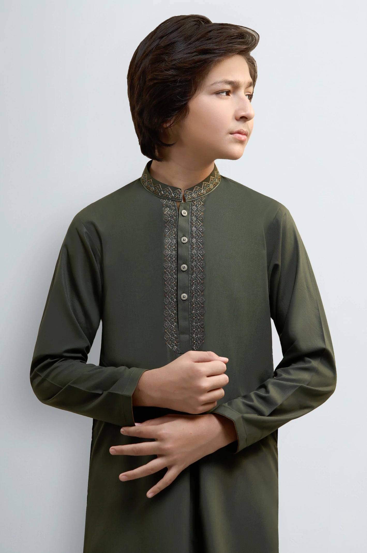 Dark Olive Teens Kurta Pajama - Image 2