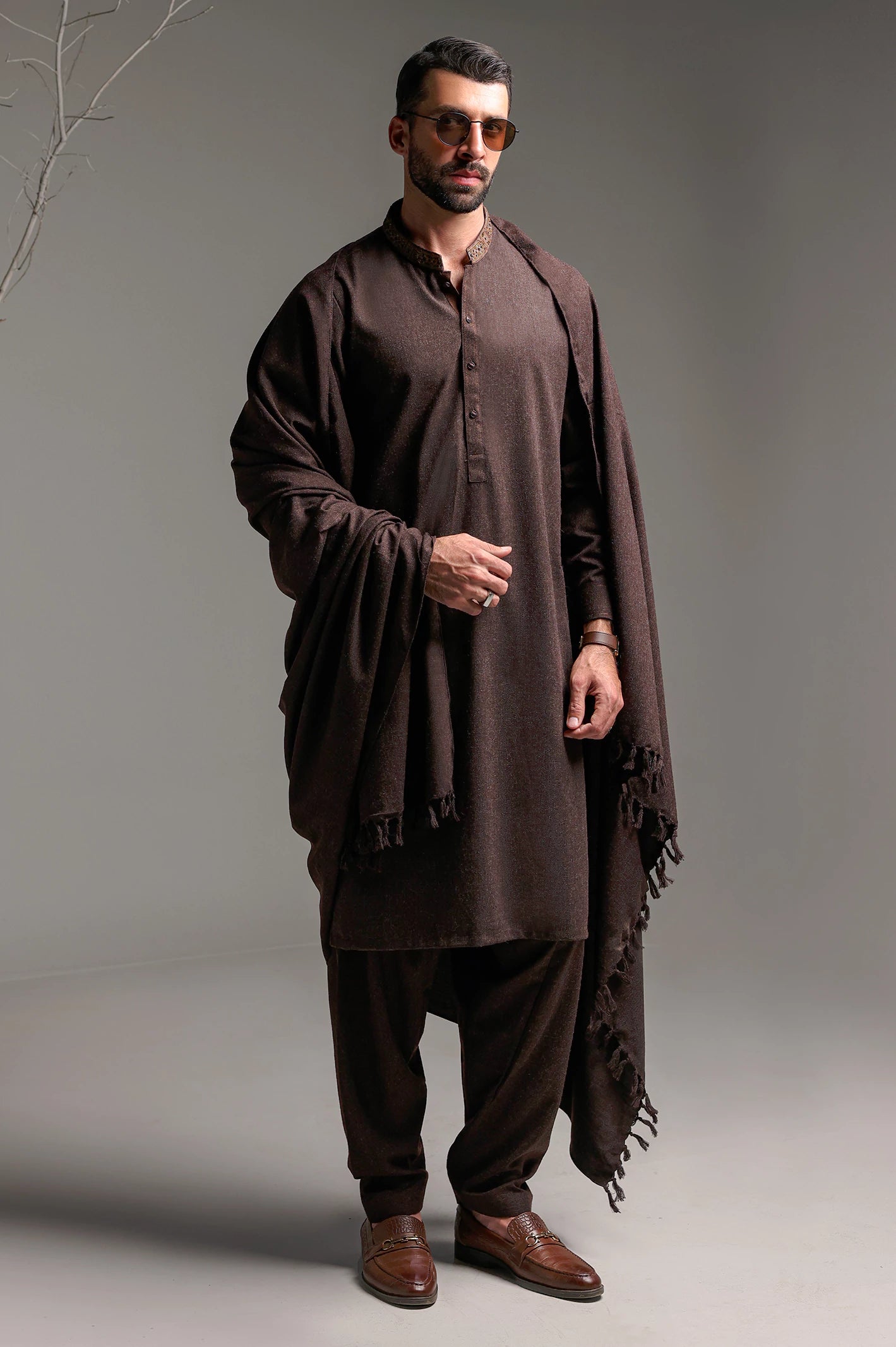 Dark Brown Shalwar Kameez with Shawl - Image 2