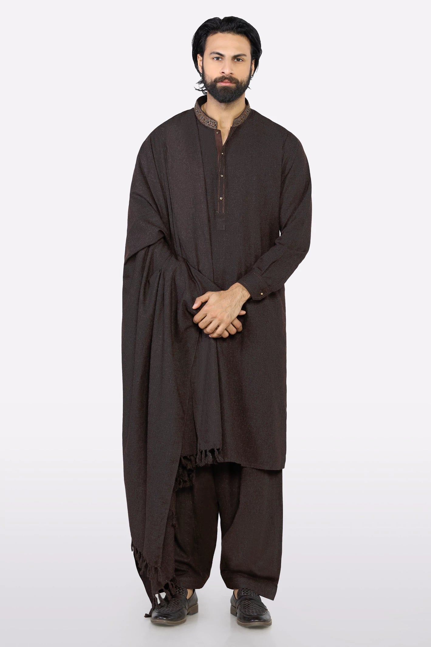 Dark Brown Shalwar Kameez with Shawl - Image 4