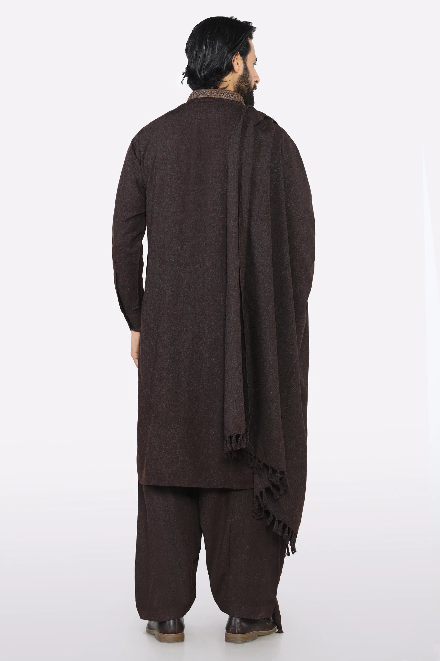 Dark Brown Shalwar Kameez with Shawl - Image 7