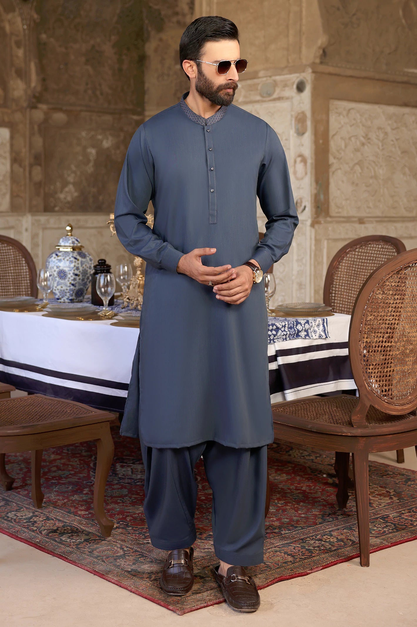 Dark Blue Wash & Wear Shalwar Kameez - Image 2