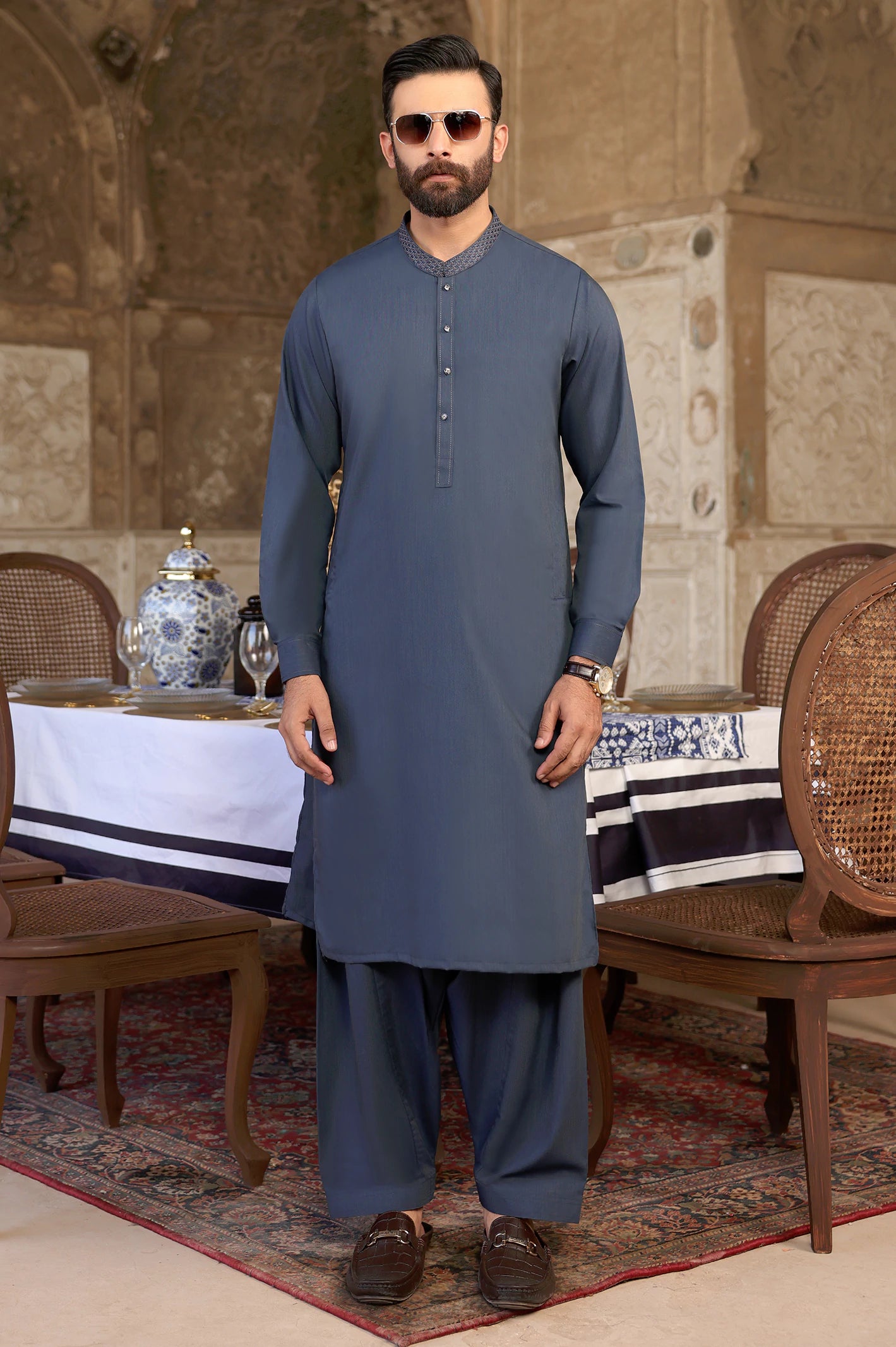 Dark Blue Wash & Wear Shalwar Kameez - Image 4