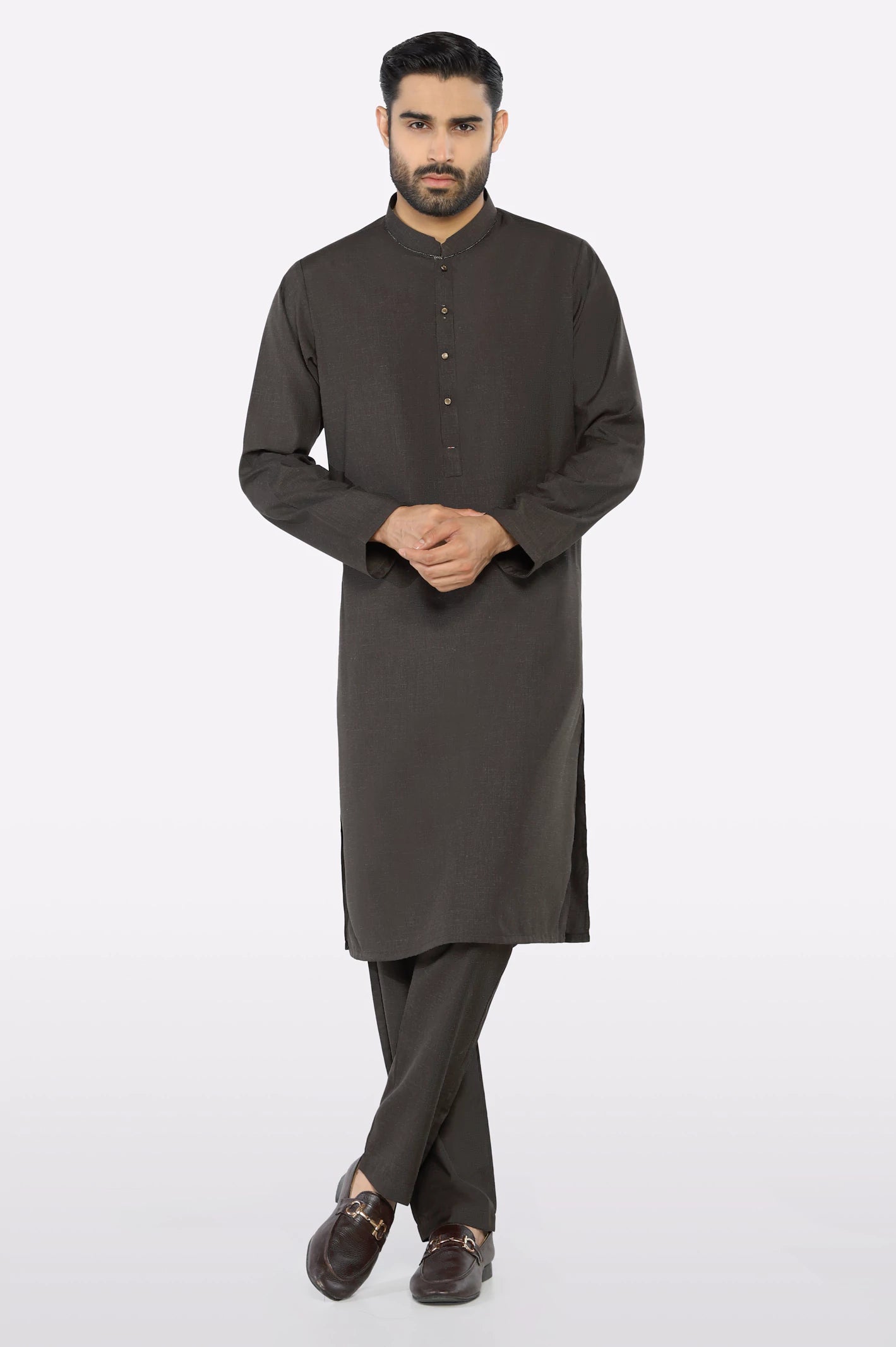 Dark Brown Wash & Wear Kurta Pajama - Image 2