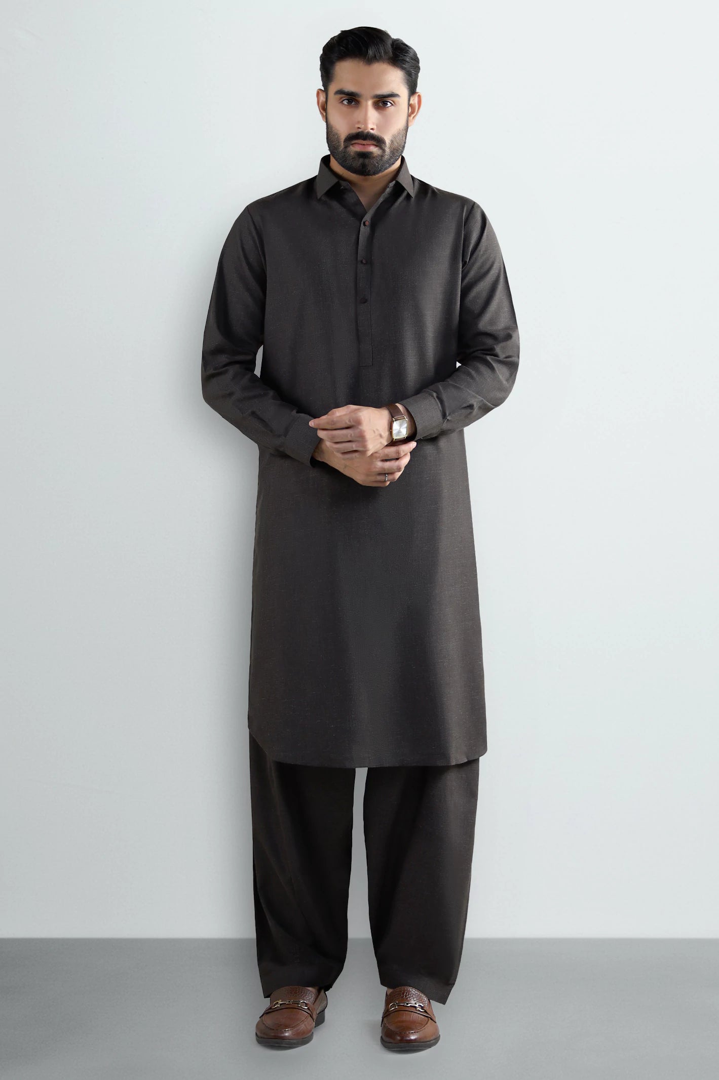Dark Brown Wash & Wear Shalwar Kameez - Image 2