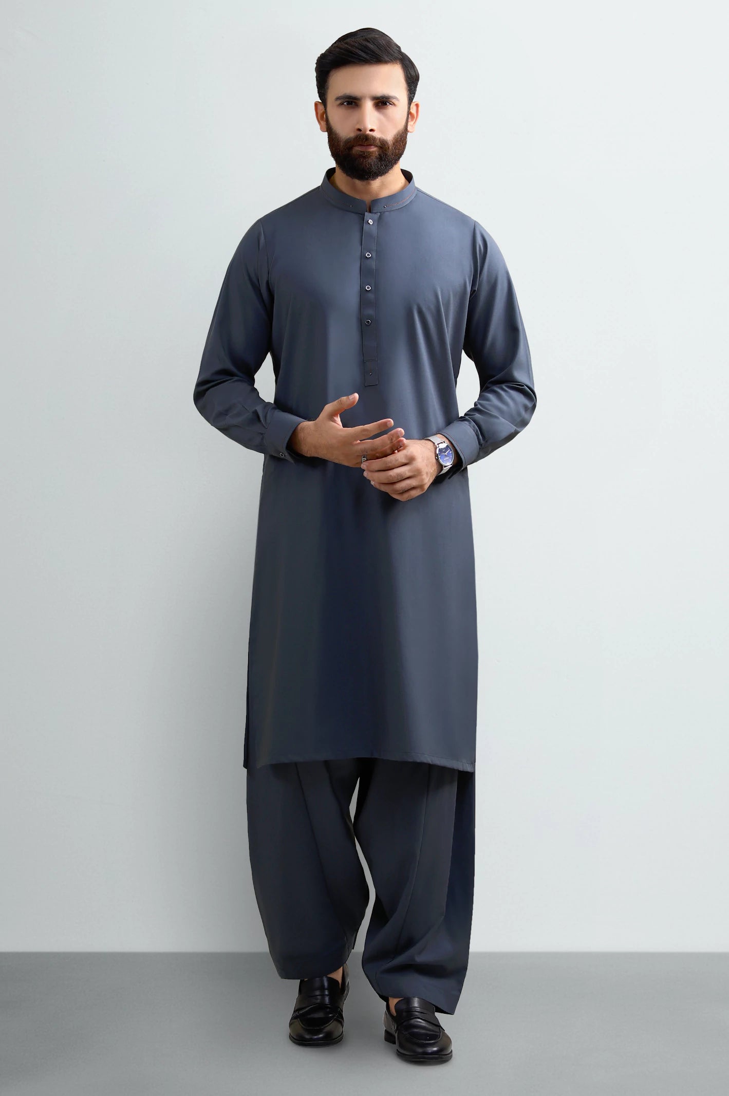 Dark Grey Wash & Wear Shalwar Kameez - Image 2