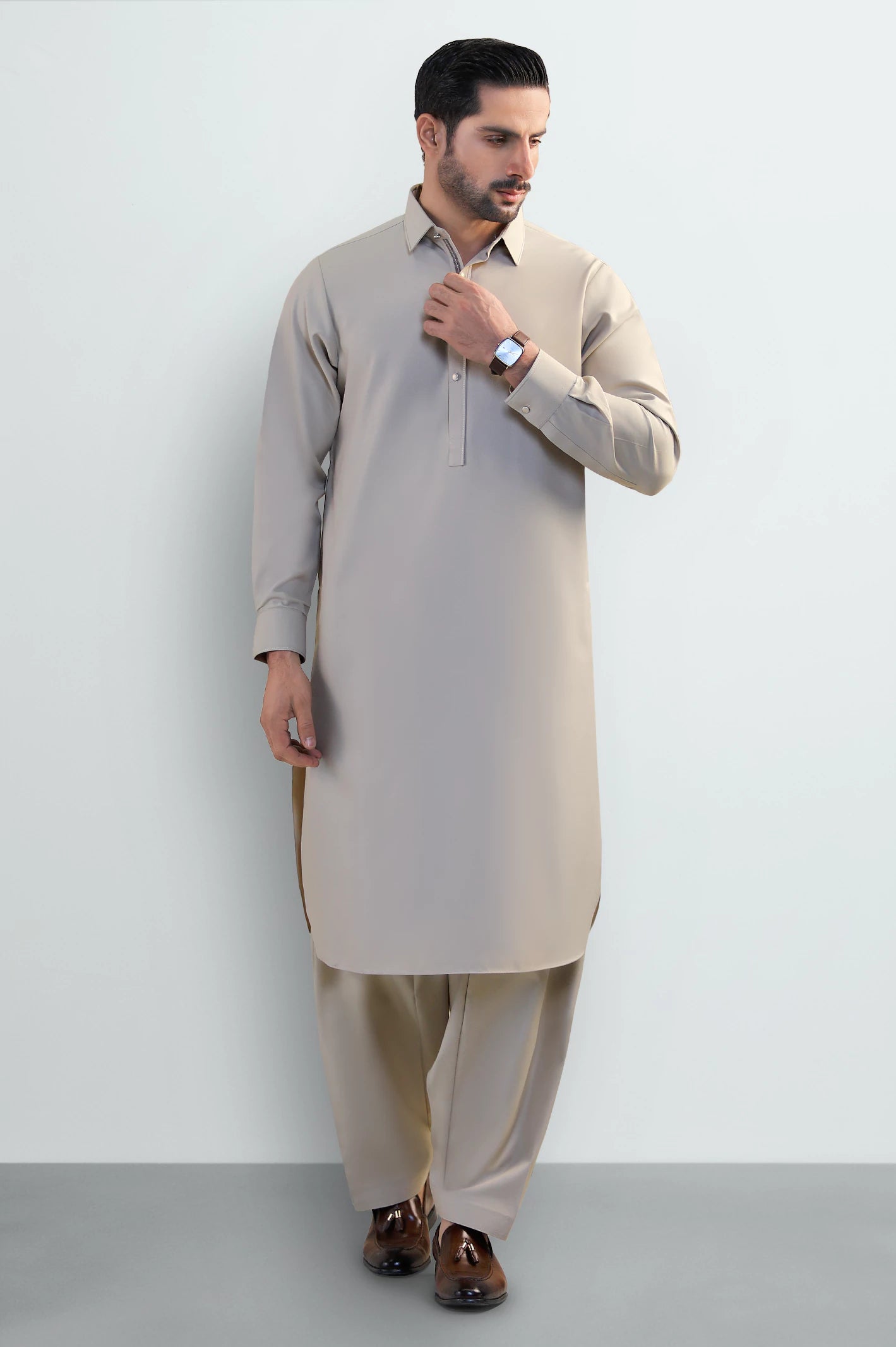 Khaki Wash & Wear Shalwar Kameez - Image 2