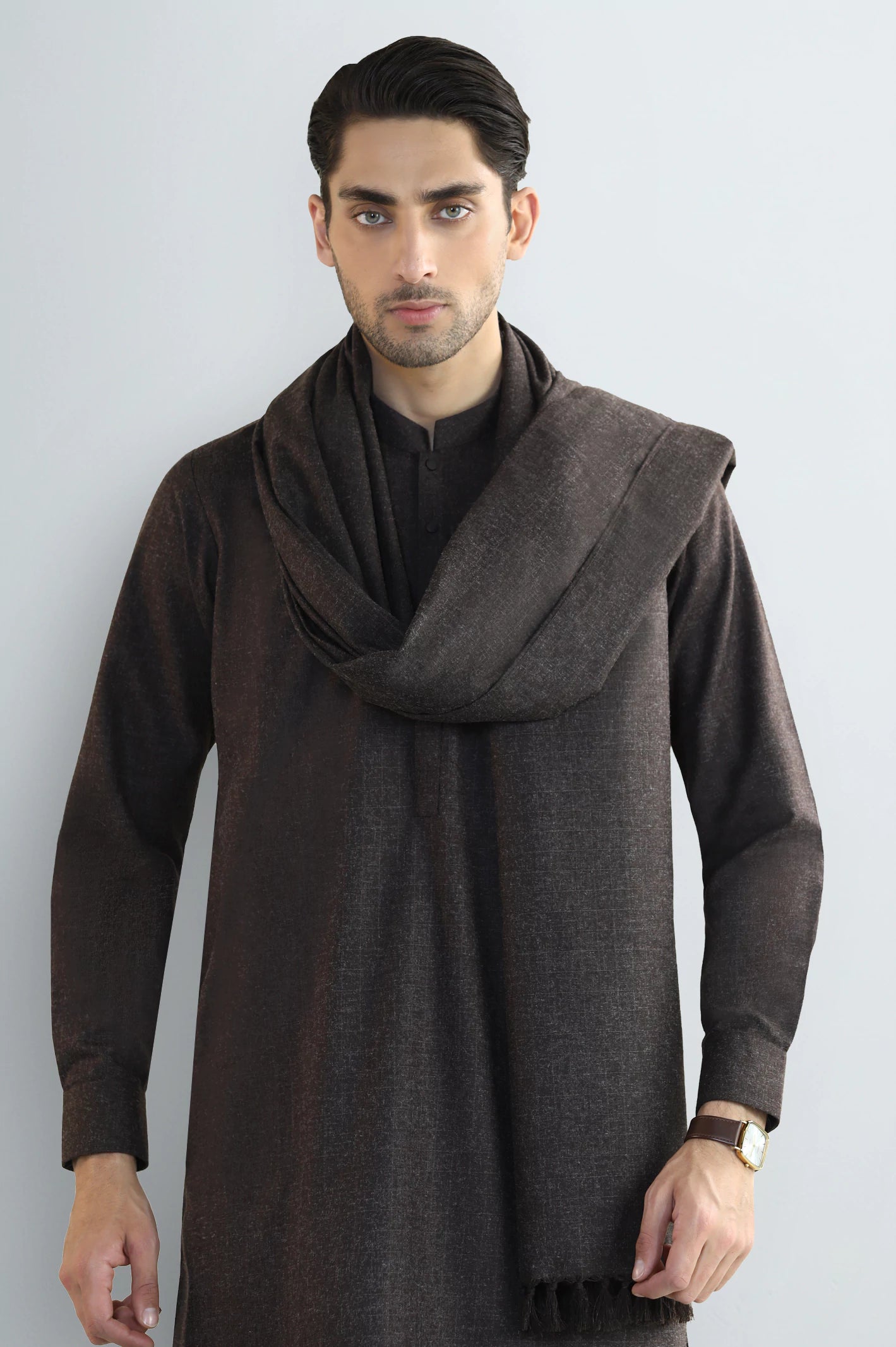 Dark Brown Shalwar Kameez with Shawl - Image 2