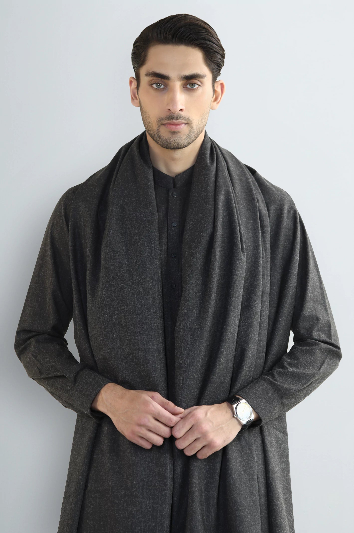 Dark Grey Shalwar Kameez with Shawl - Image 2