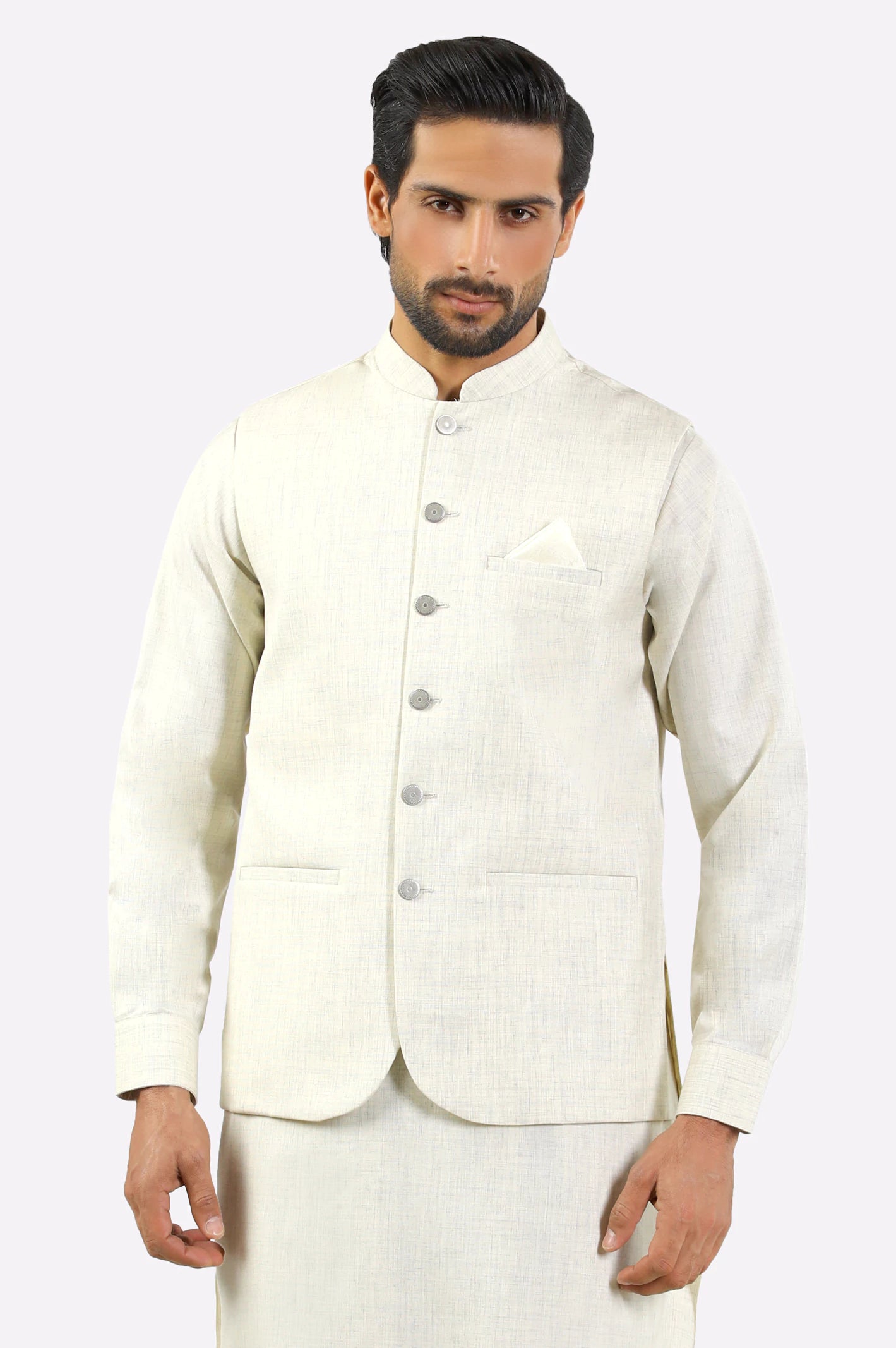 Cream Shalwar Kameez with Waistcoat - Image 2