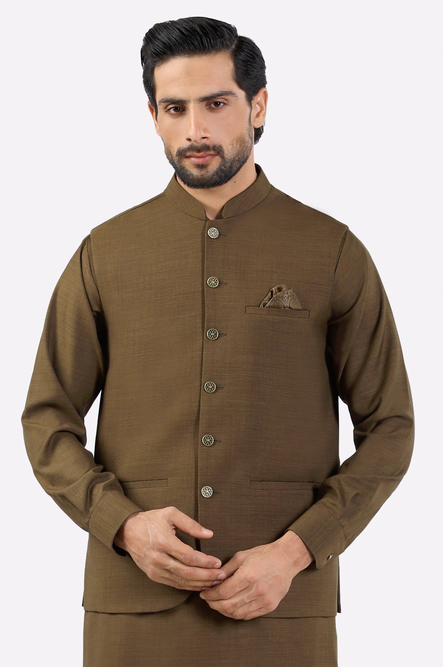 Brown Shalwar Kameez with Waistcoat - Image 2
