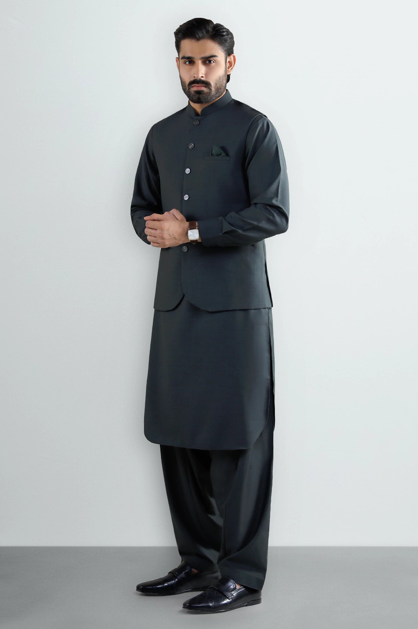 Dark Green Shalwar Kameez with Waistcoat