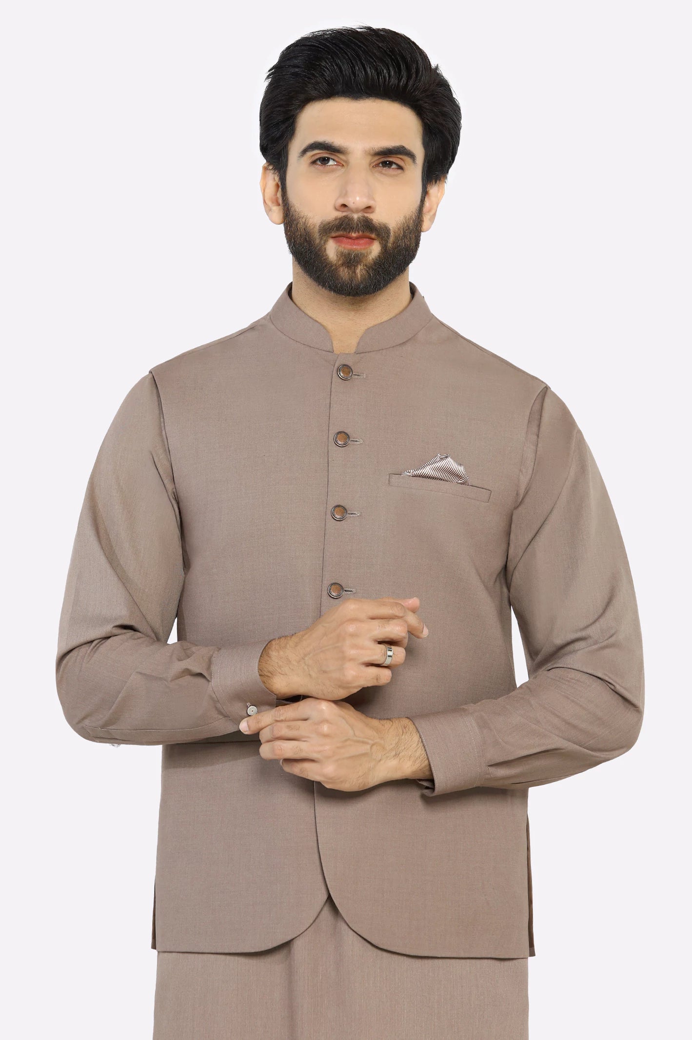 Dark Fawn Shalwar Kameez with Waistcoat - Image 2
