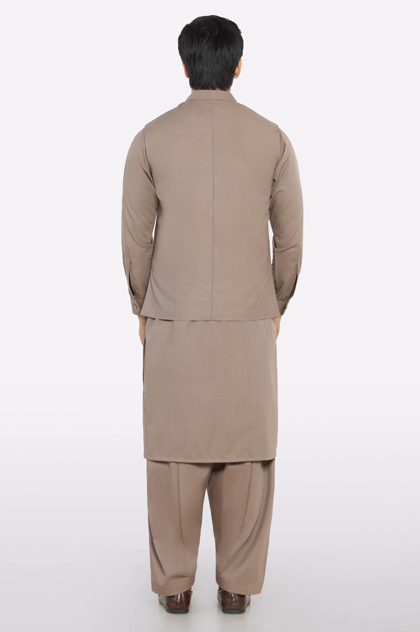 Dark Fawn Shalwar Kameez with Waistcoat - Image 3