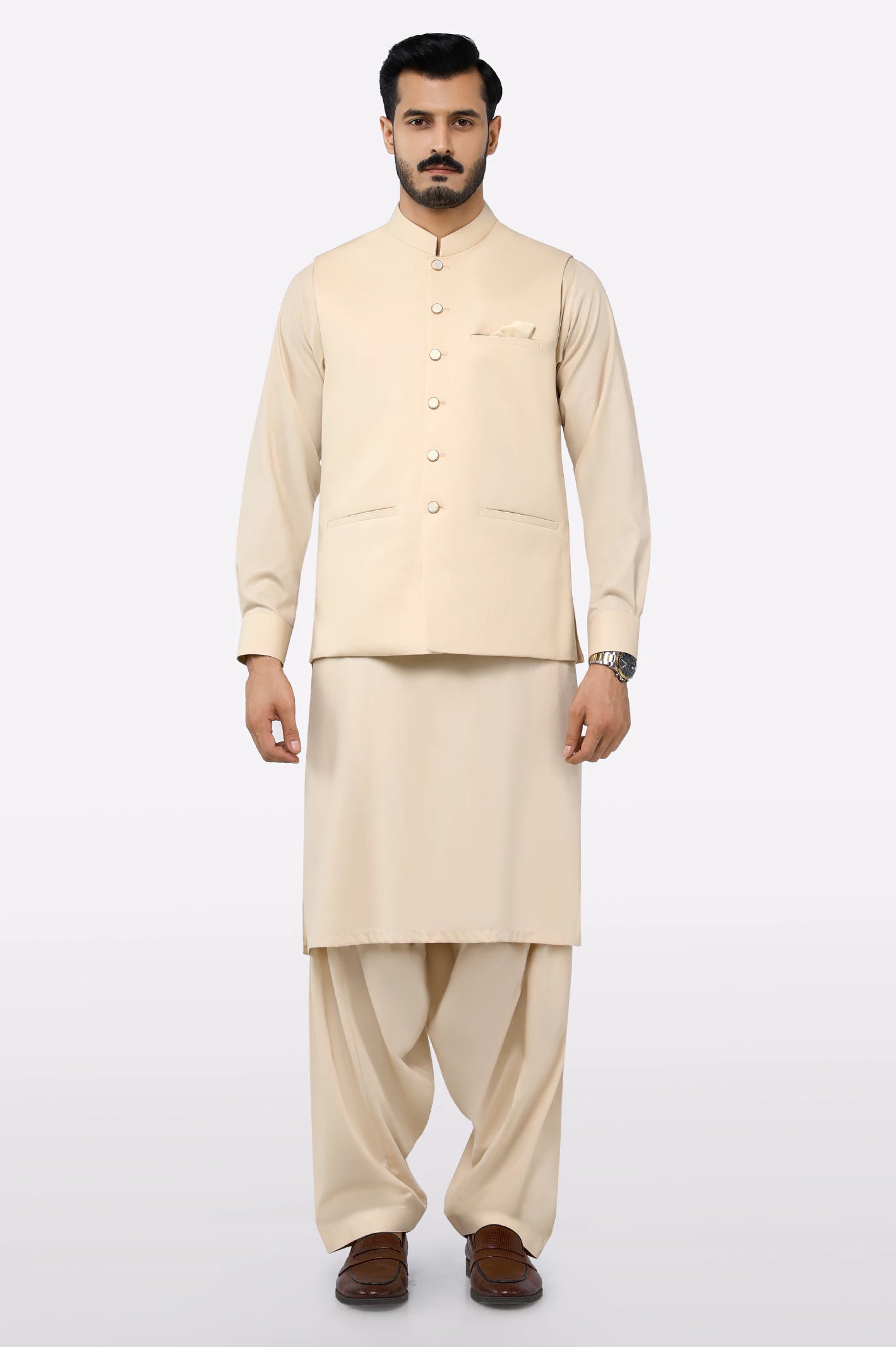 Fawn Shalwar Kameez with Waistcoat