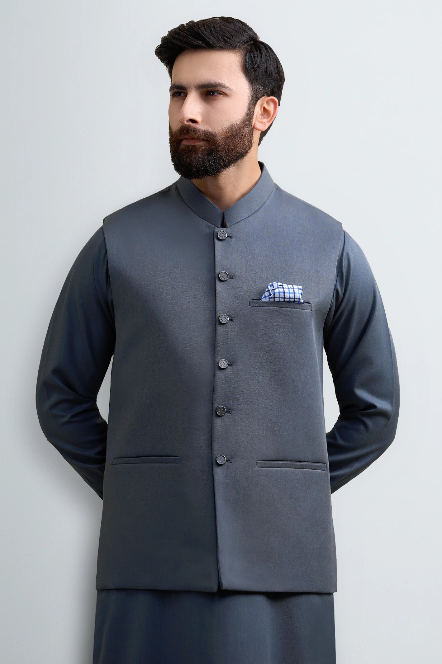Blue Shalwar Kameez with Waistcoat - Image 2