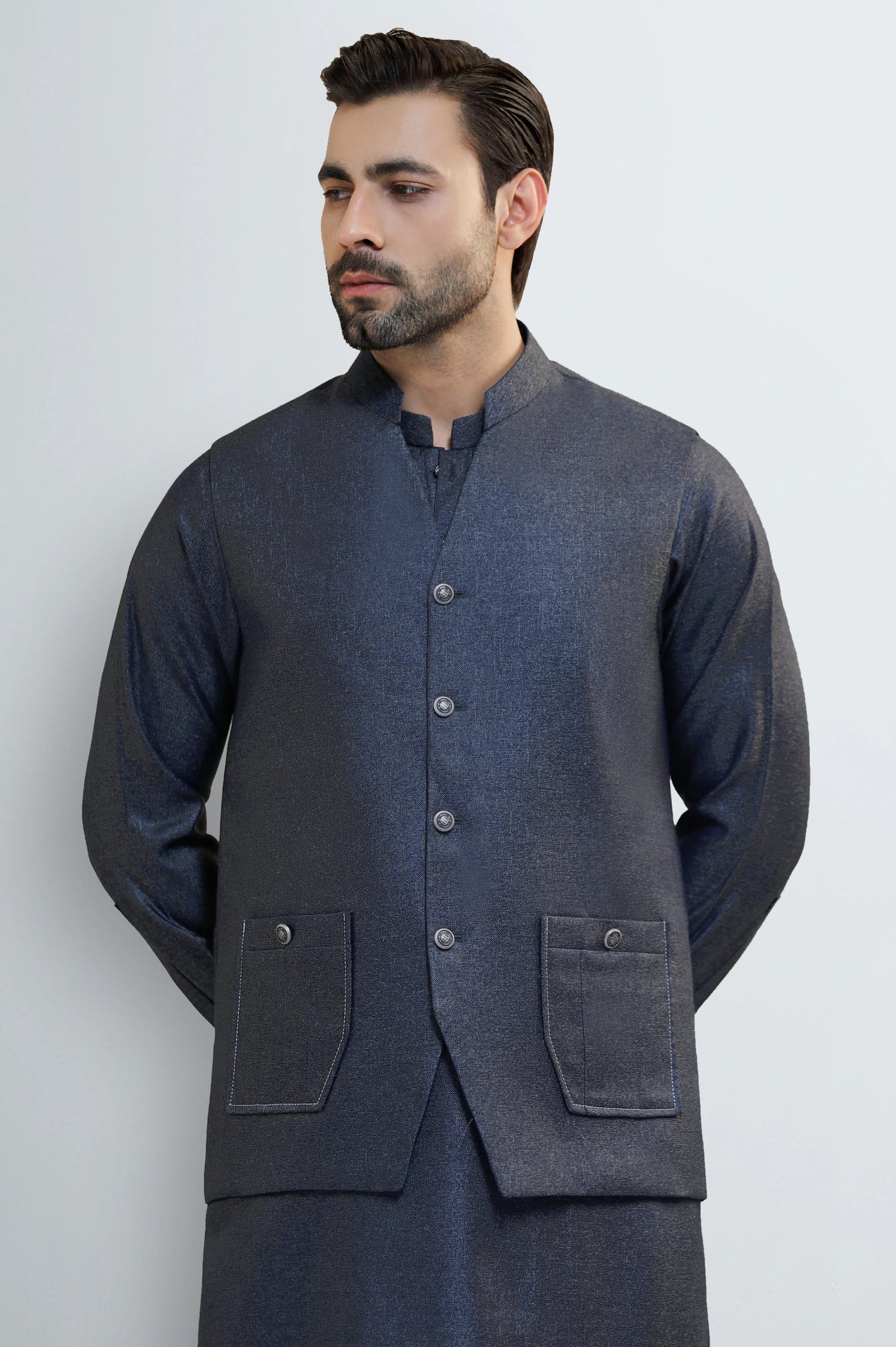 Blue Shalwar Kameez with Waistcoat - Image 2
