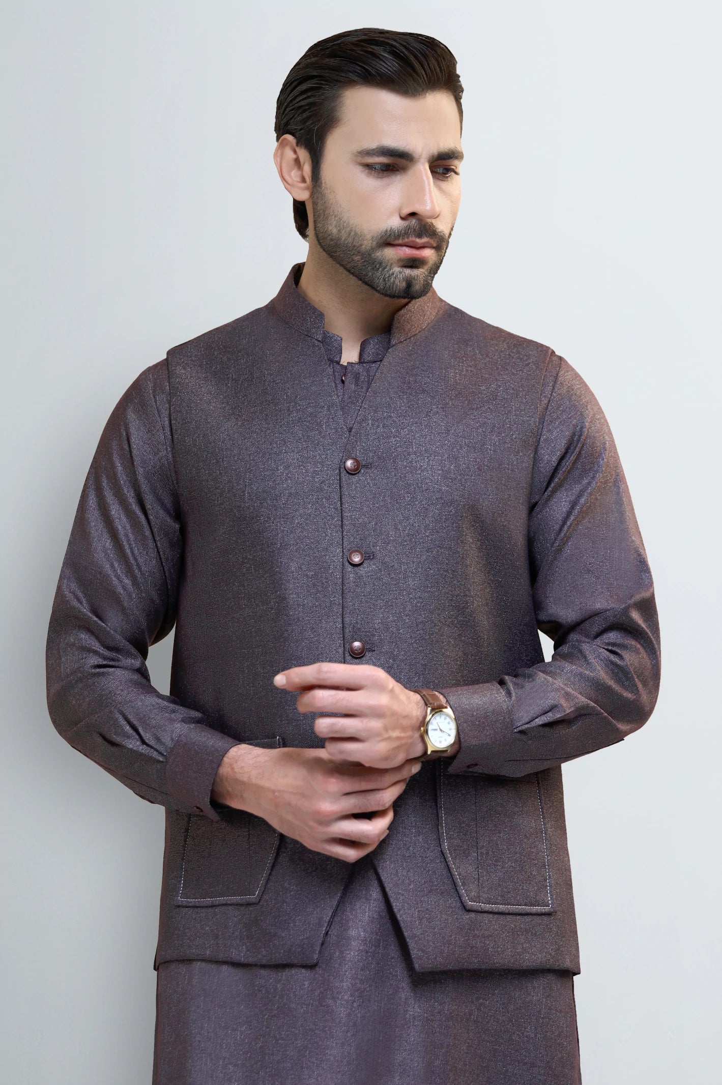Purple Shalwar Kameez with Waistcoat - Image 2