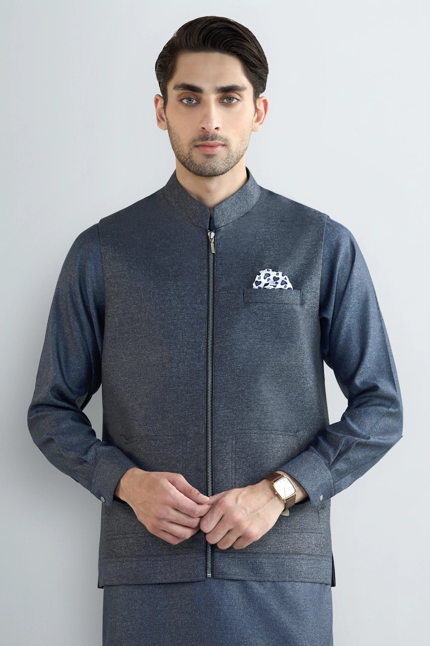 Blue Shalwar Kameez with Waistcoat - Image 2