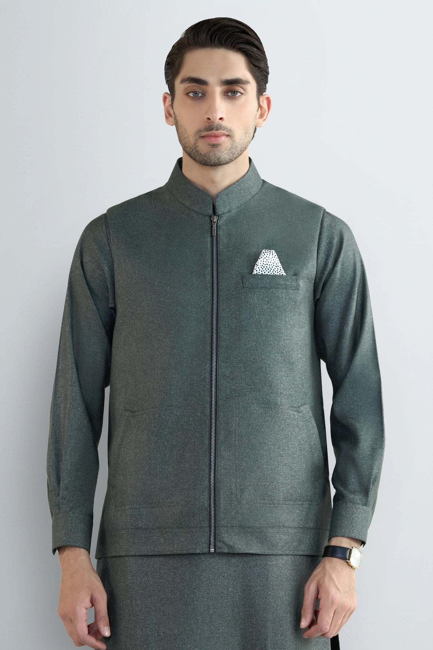 Green Shalwar Kameez with Waistcoat - Image 2