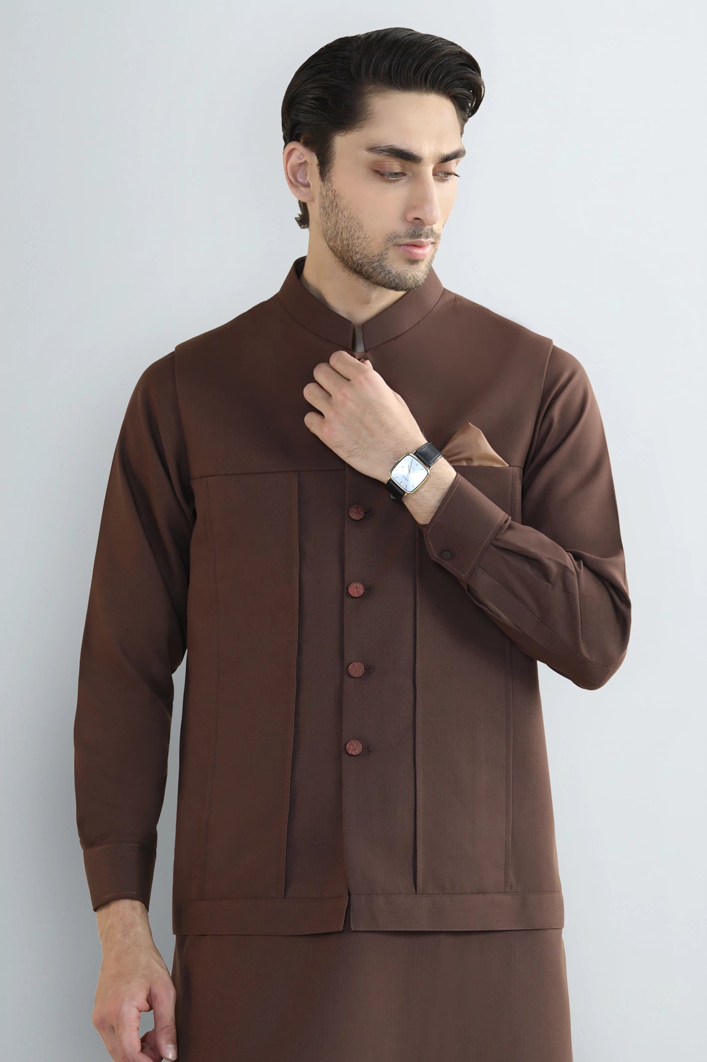 Brown Shalwar Kameez with Waistcoat - Image 2