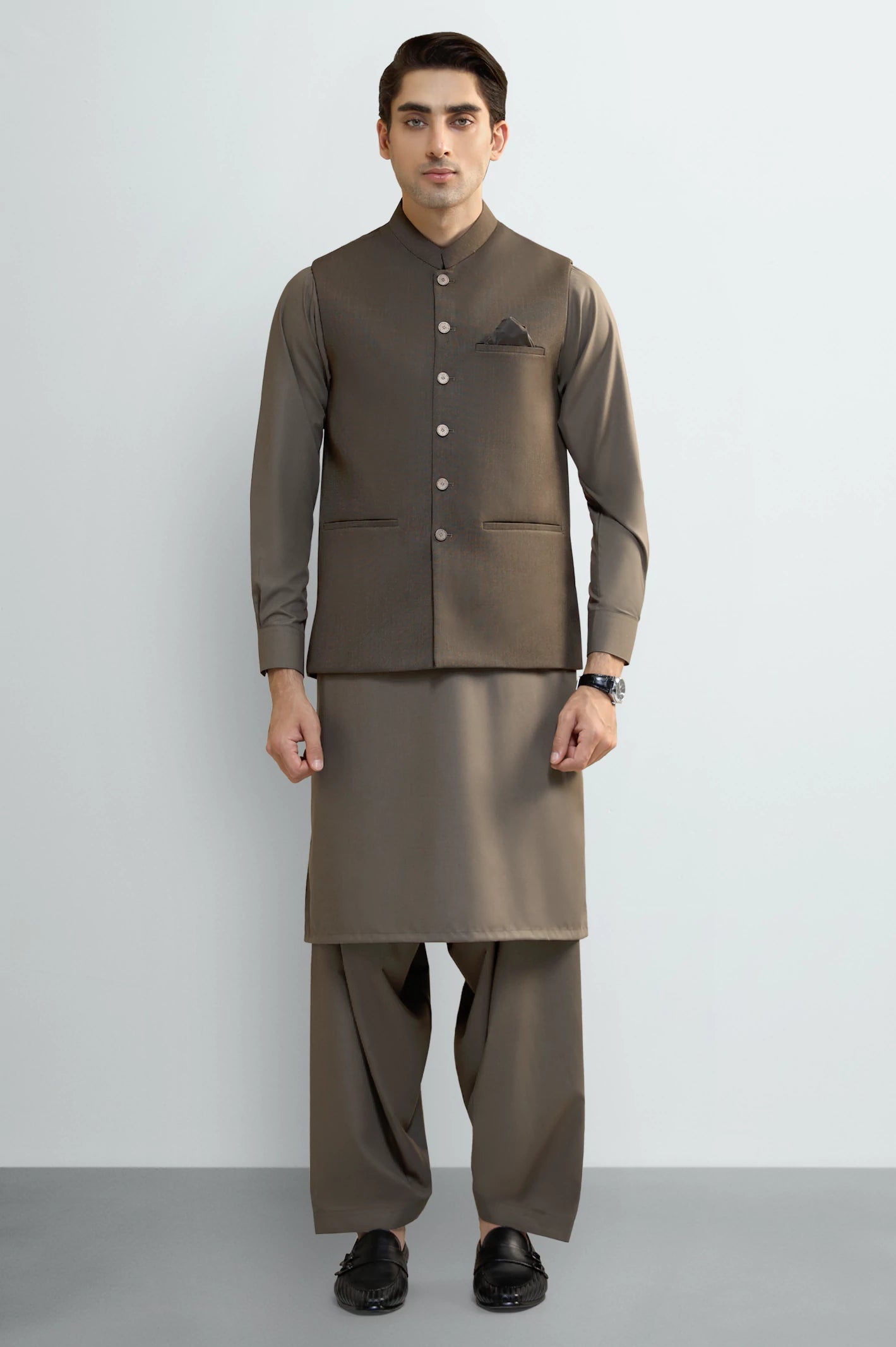 Dark Beige Shalwar Kameez with Waistcoat