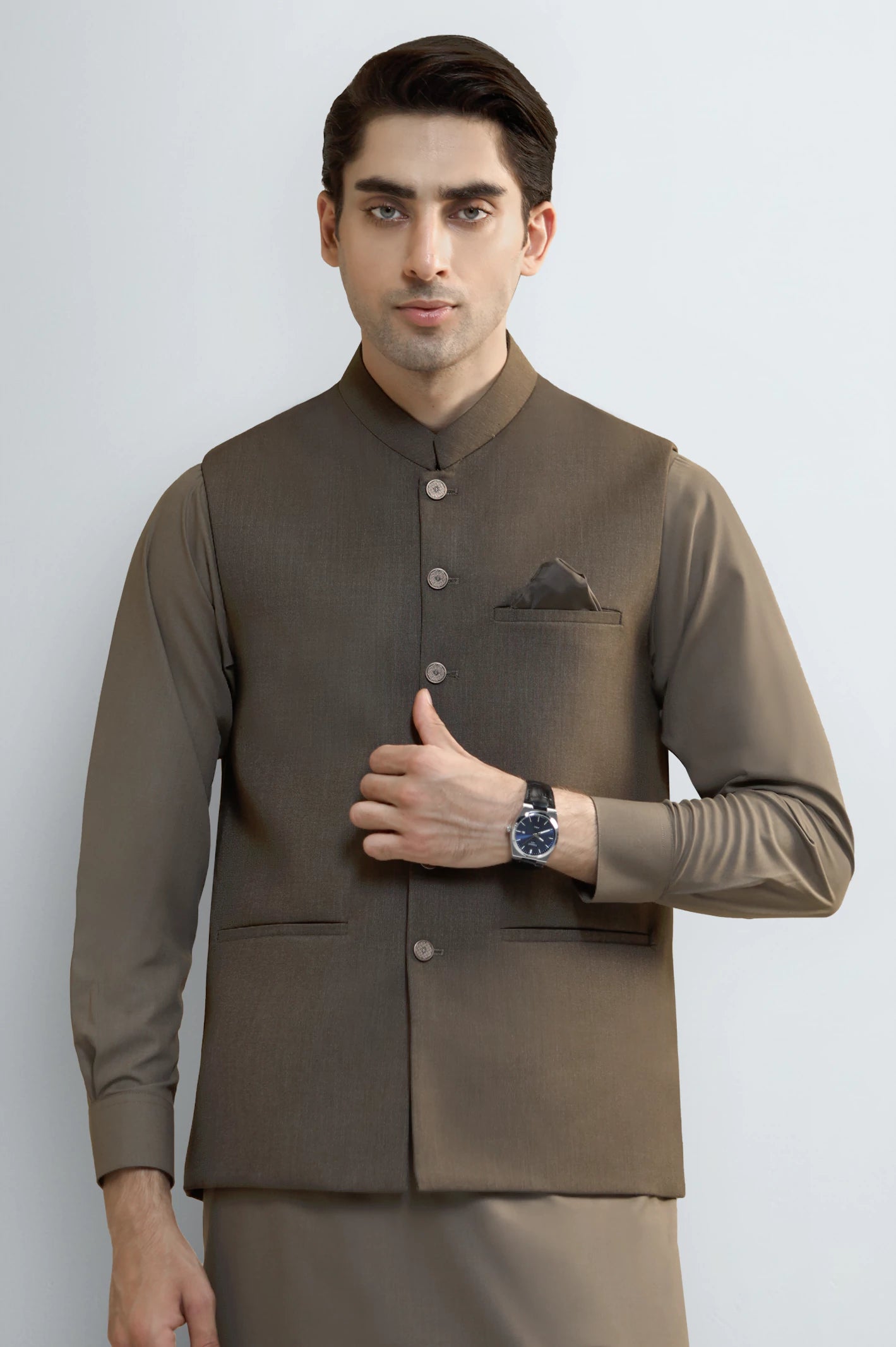 Dark Beige Shalwar Kameez with Waistcoat - Image 2