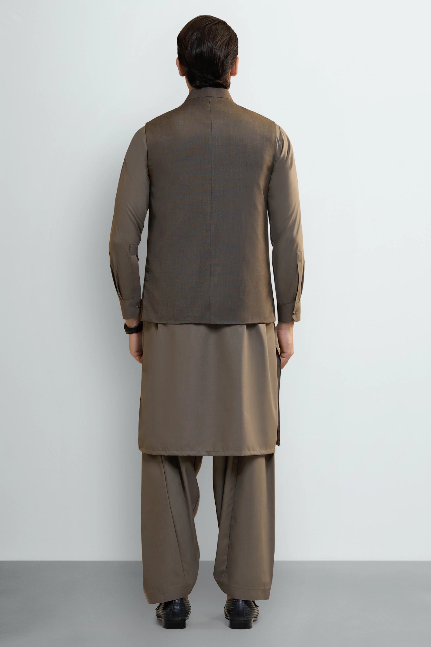 Dark Beige Shalwar Kameez with Waistcoat - Image 3