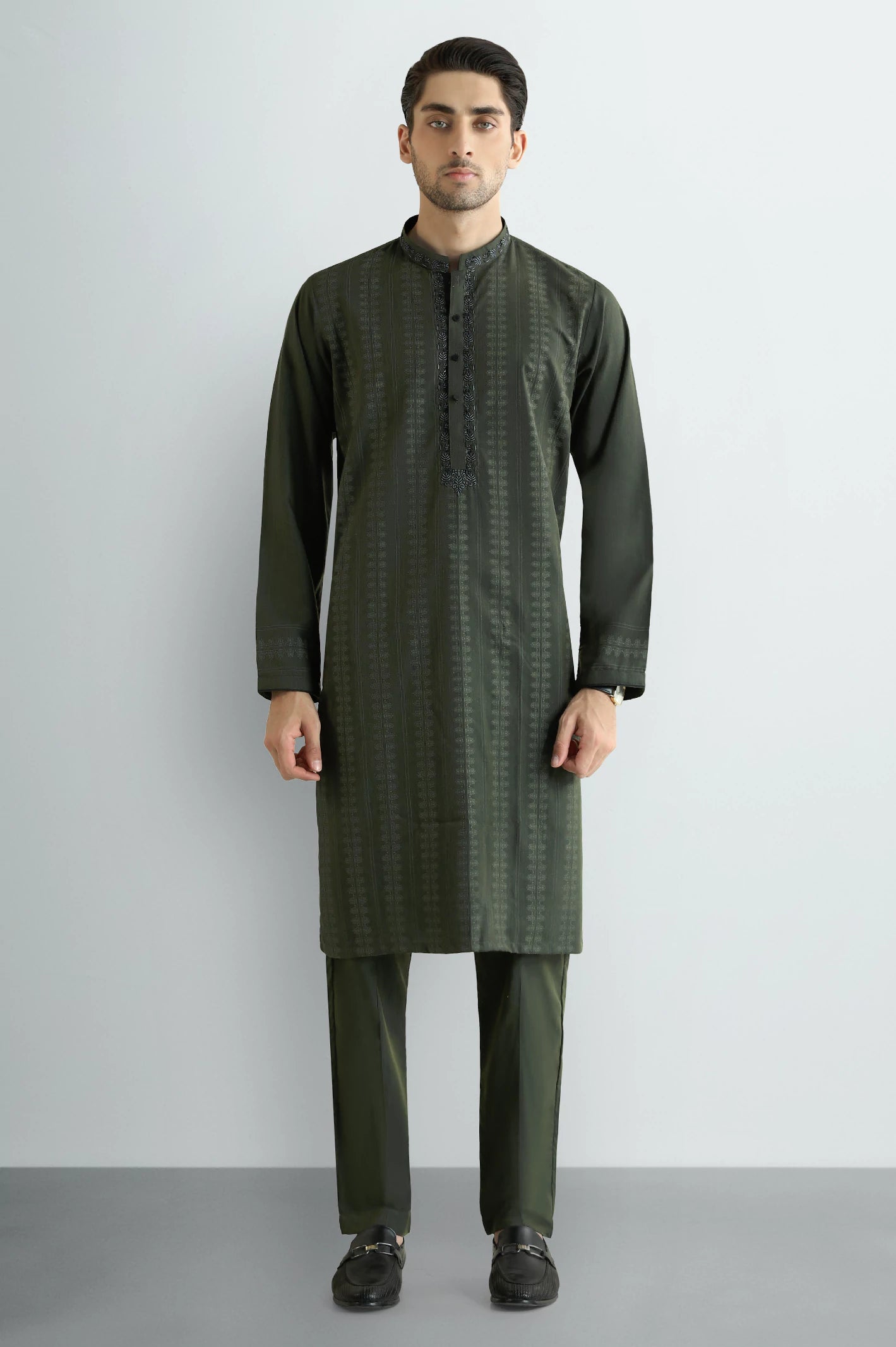 Olive Green Wash & Wear Kurta Pajama - Image 2