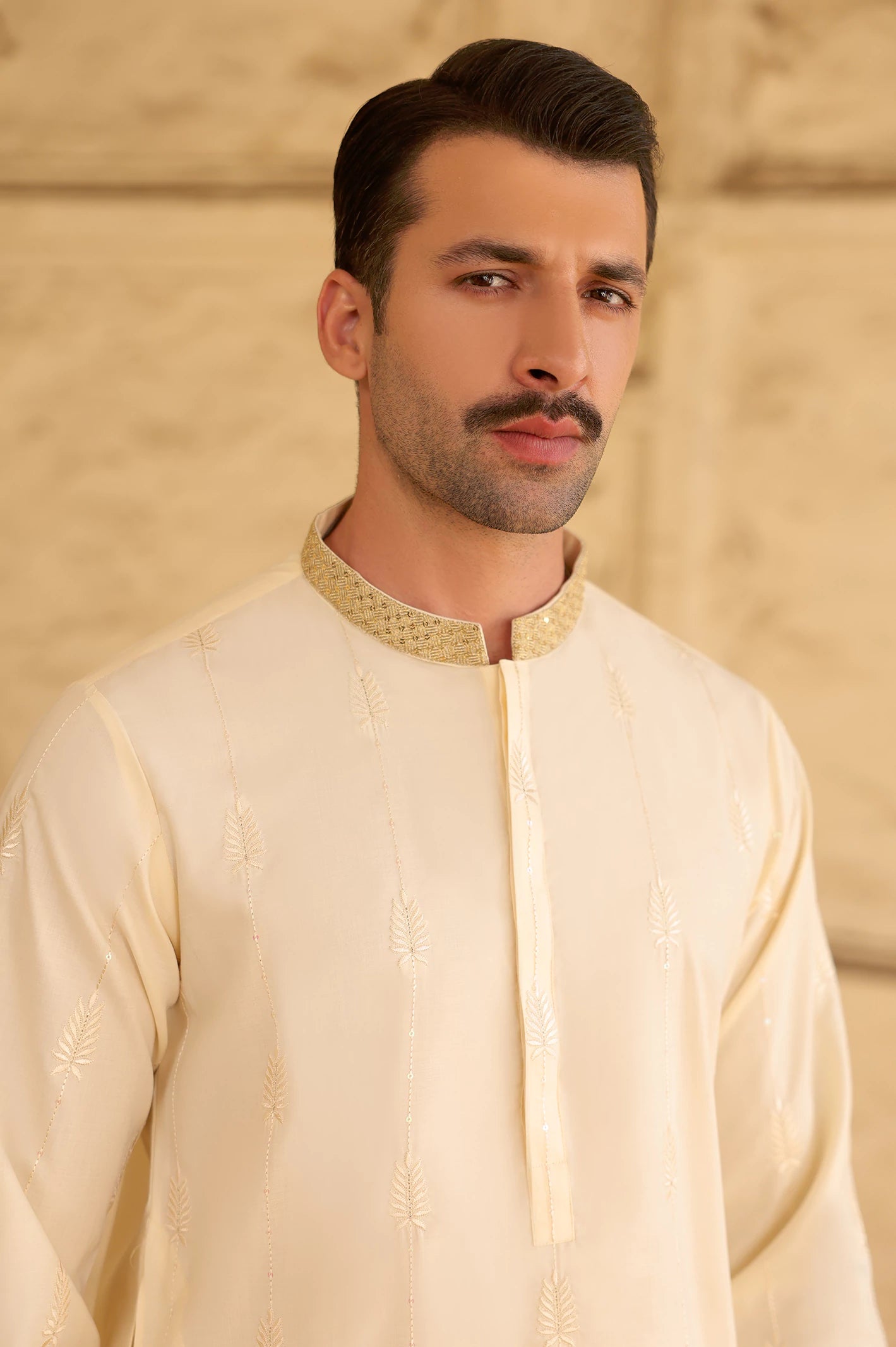 Cream Wash & Wear Kurta Pajama (TASSAVUR) - Image 3