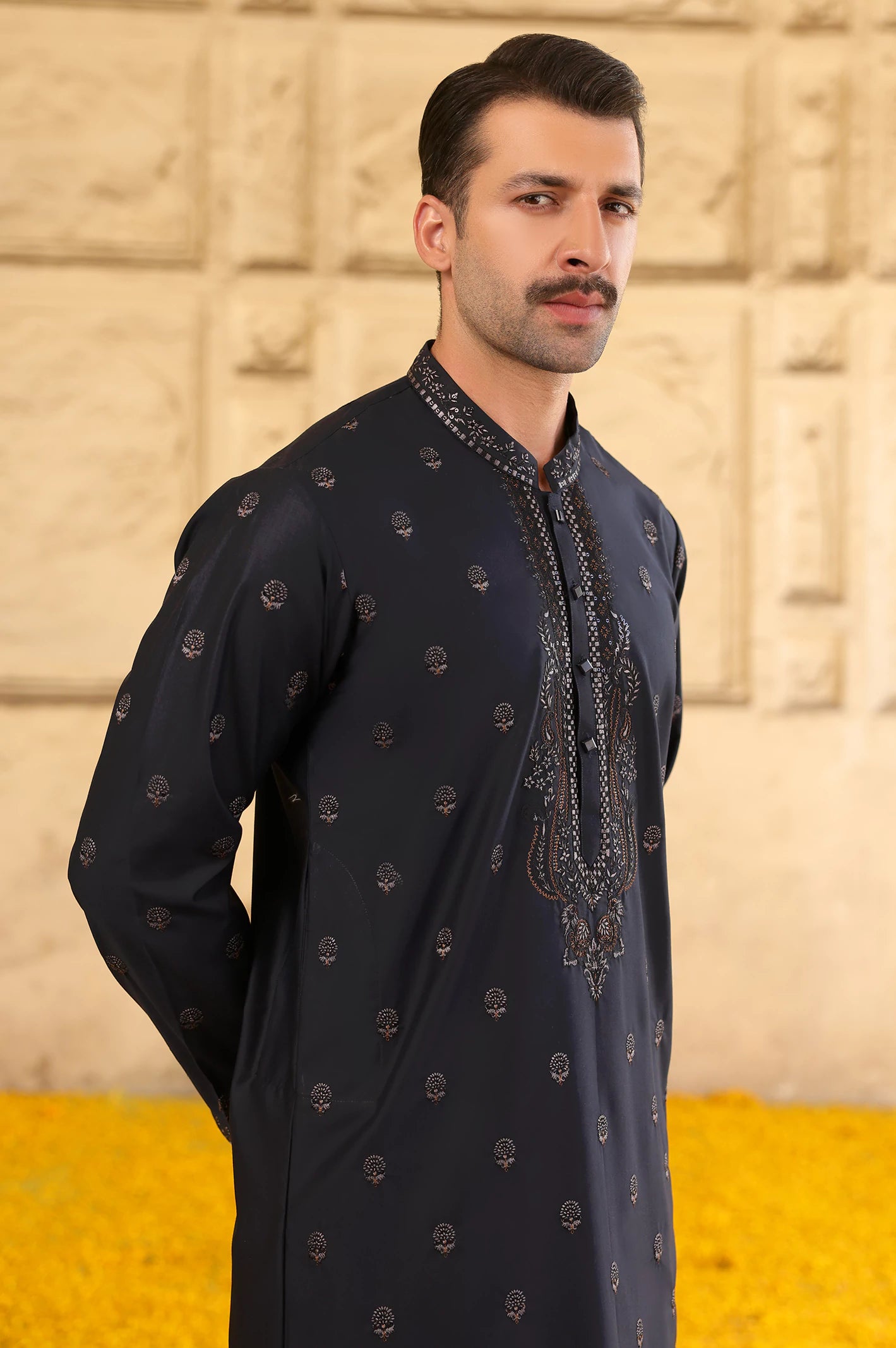 Navy Blue Wash & Wear Kurta Pajama (TASSAVUR) - Image 3