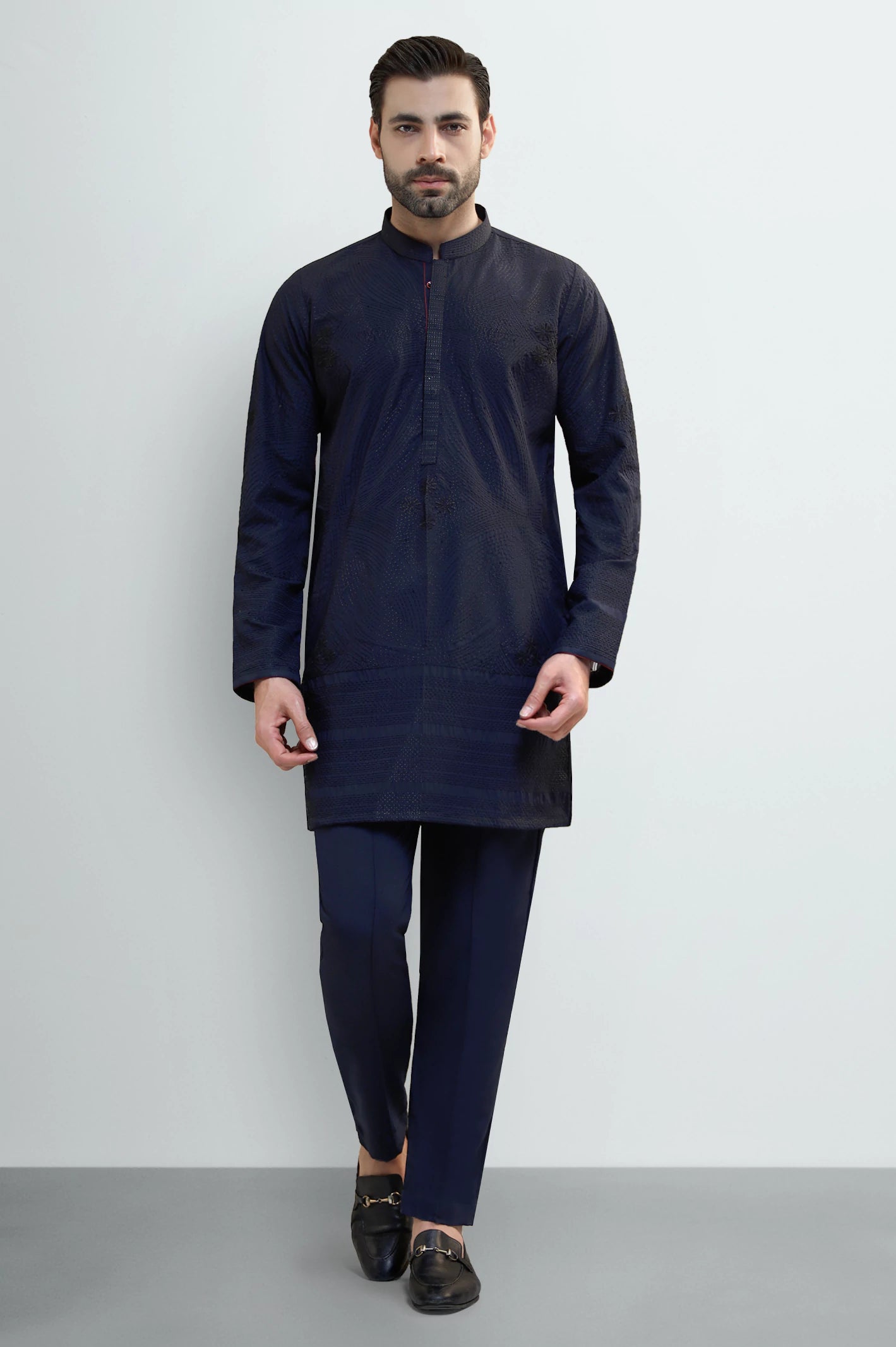 Navy Blue Wash & Wear Kurta Pajama - Image 2