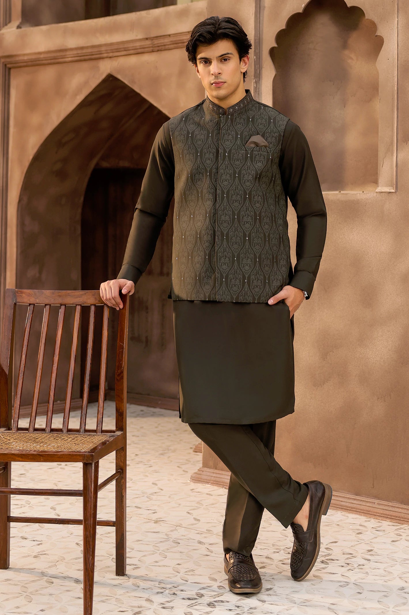 Dark Olive Kurta Pajama with Waistcoat