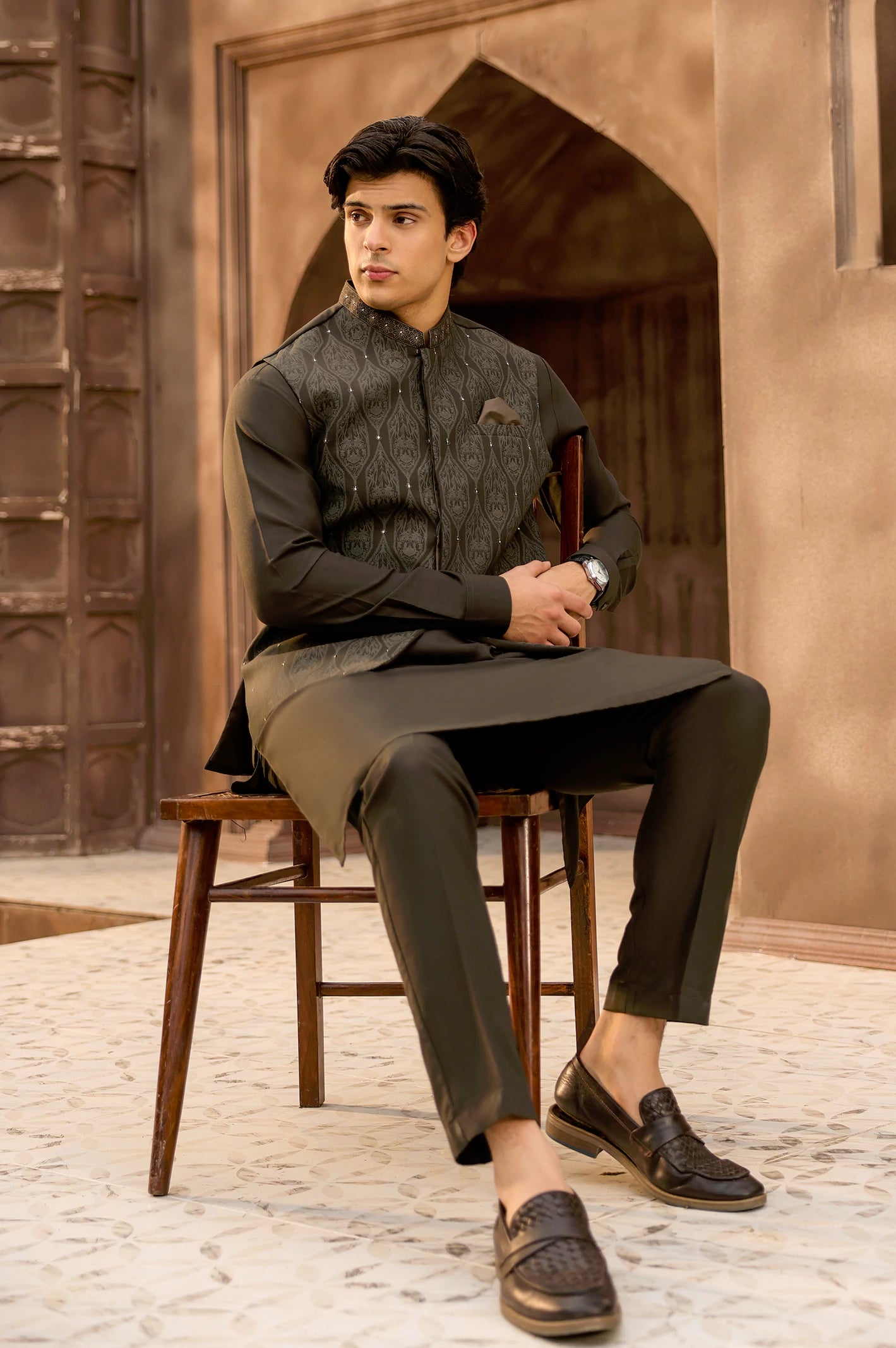 Dark Olive Kurta Pajama with Waistcoat - Image 3