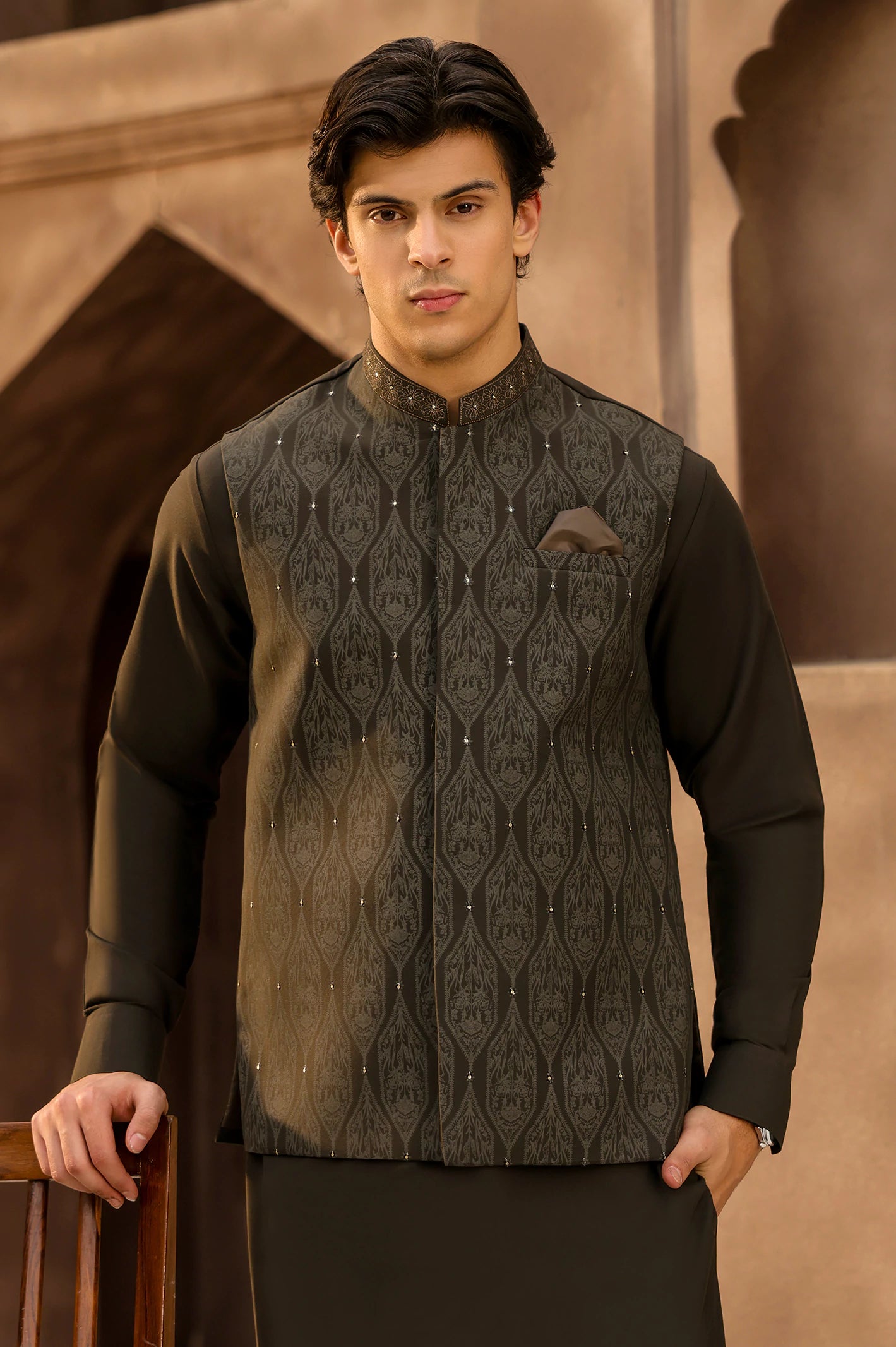 Dark Olive Kurta Pajama with Waistcoat - Image 4