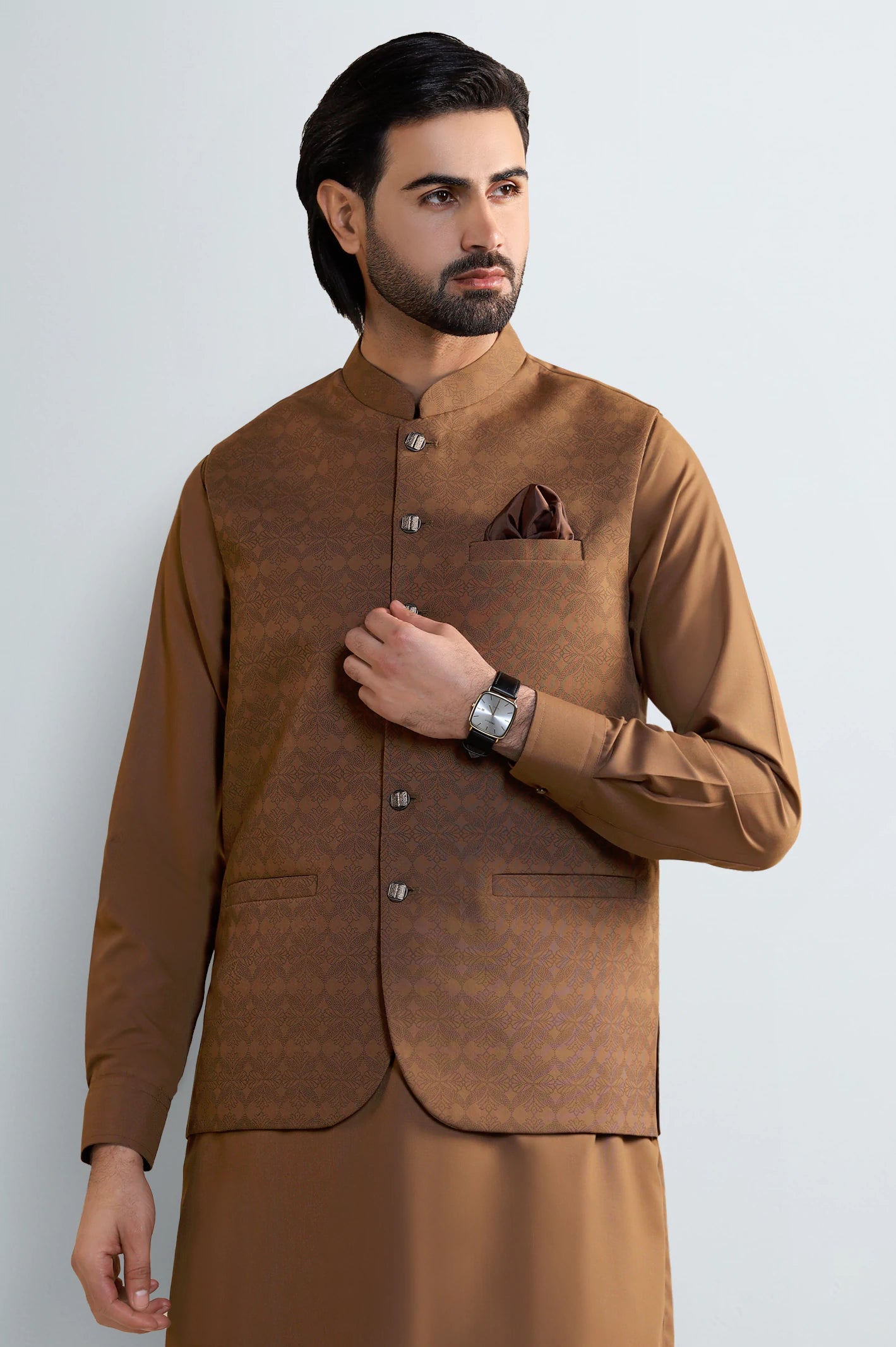 Light Brown Shalwar Kameez With Waistcoat - Image 2
